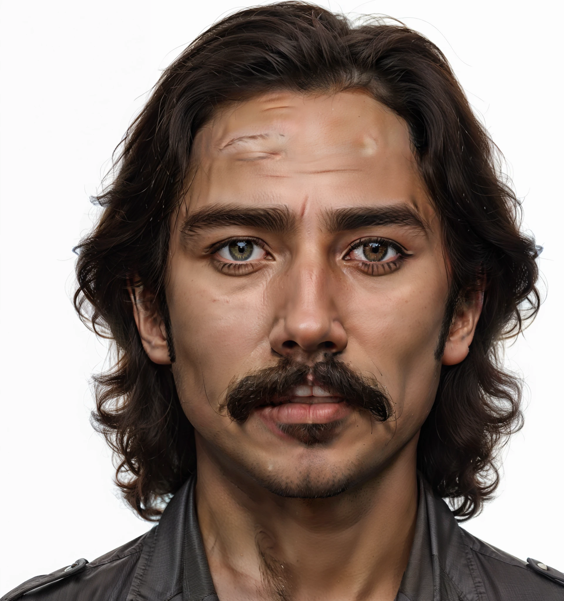 arafed man with long hair and a mustache looks at the camera, extremely detailed man, realistic face and body hybrid, ultra - realistic faces, photorealistic facial features, mexican mustache, accurate ultra realistic faces, hyperrealistic faces, ultra realistic faces, human face realistic, asian male, realistic human face, detailed face with moustache, rendering of close up portrait