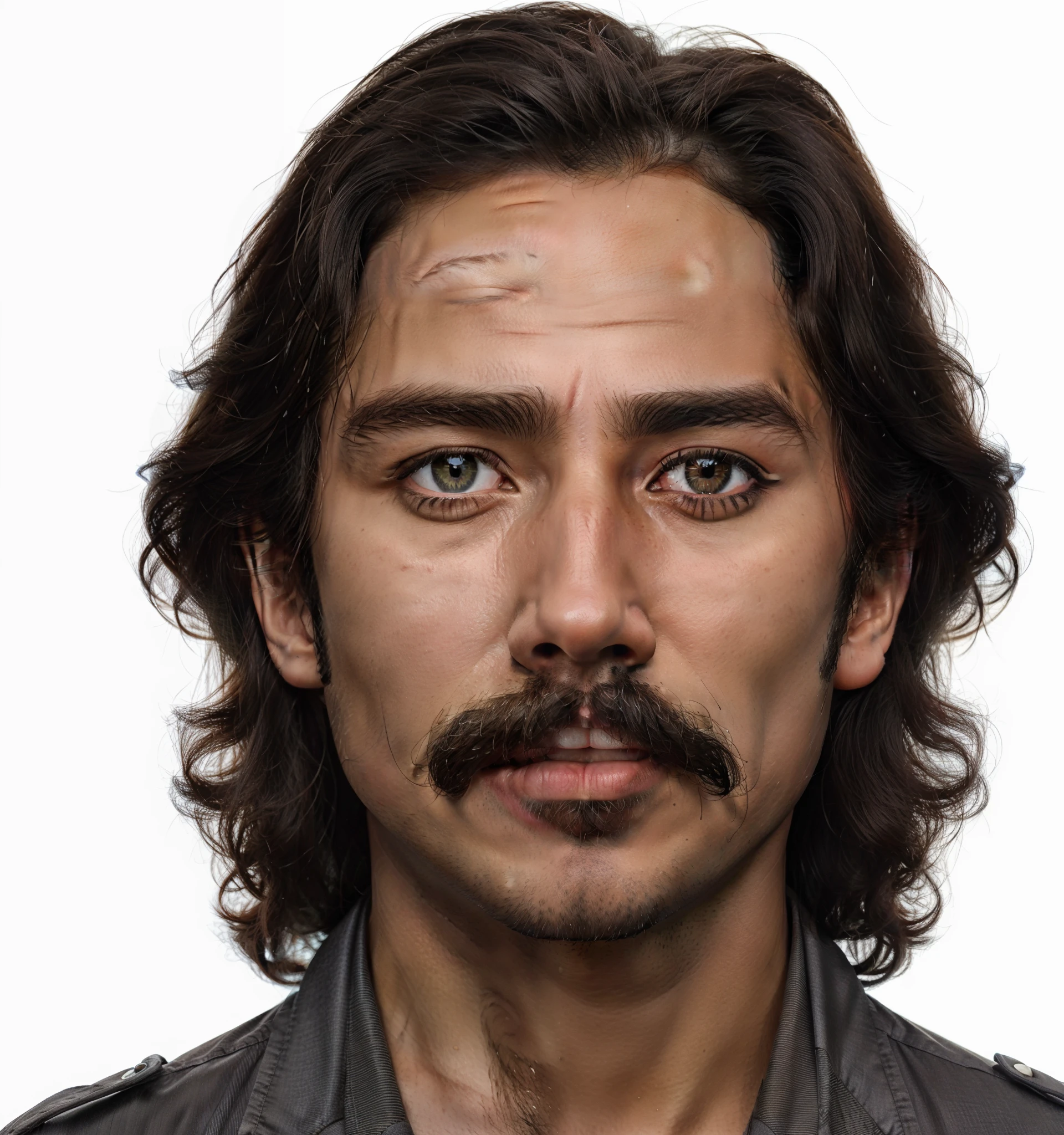 arafed man with long hair and a mustache looks at the camera, extremely detailed man, realistic face and body hybrid, ultra - realistic faces, photorealistic facial features, mexican mustache, accurate ultra realistic faces, hyperrealistic faces, ultra realistic faces, human face realistic, asian male, realistic human face, detailed face with moustache, rendering of close up portrait