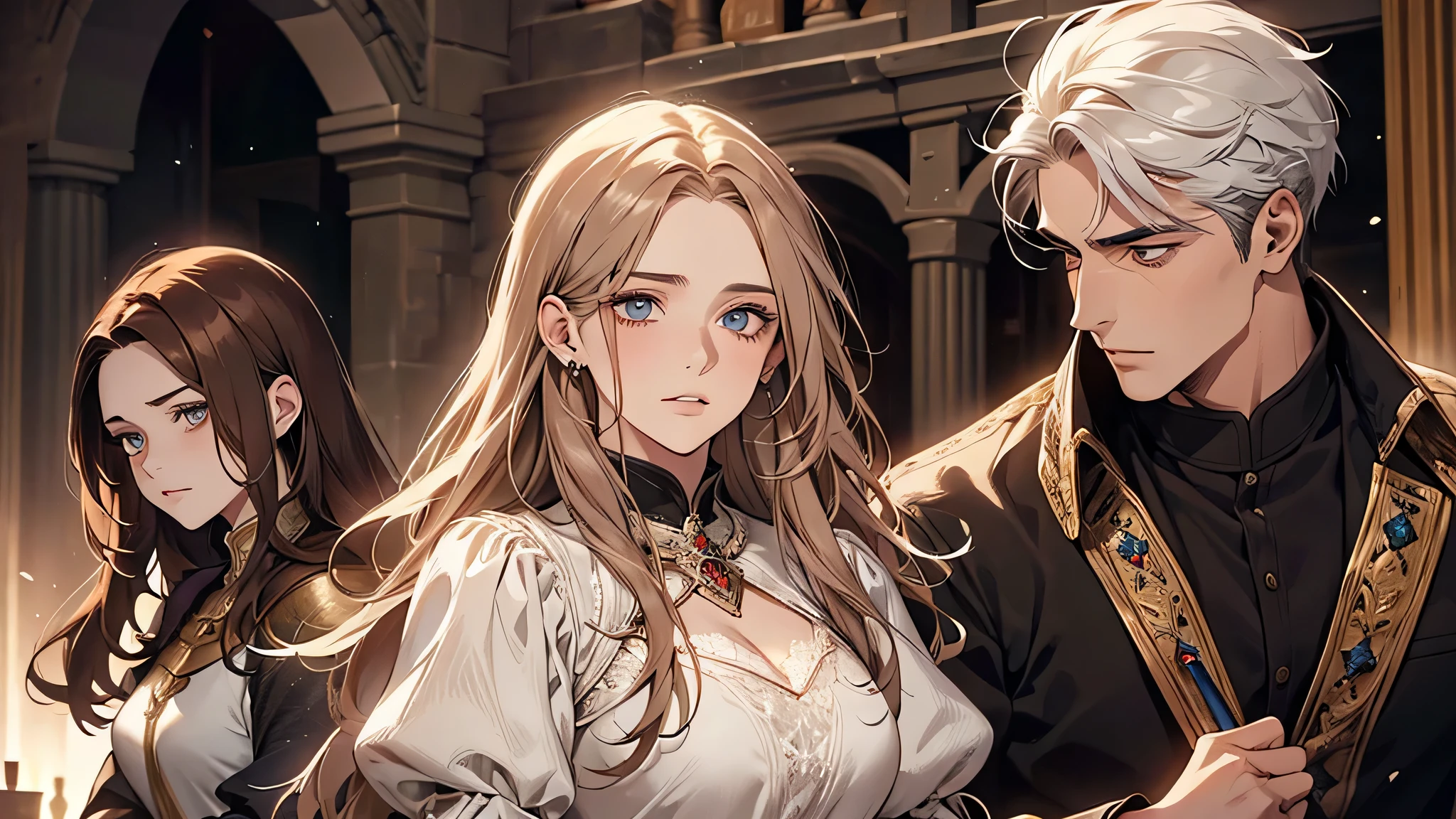 1 handsome man, 1 beautiful girl, man in white hair, girl in brown hair, in a townhall, medieval times, knight, confused face, face detailed, plump lips, no expression, calm face, detailed eyes, detailed nose