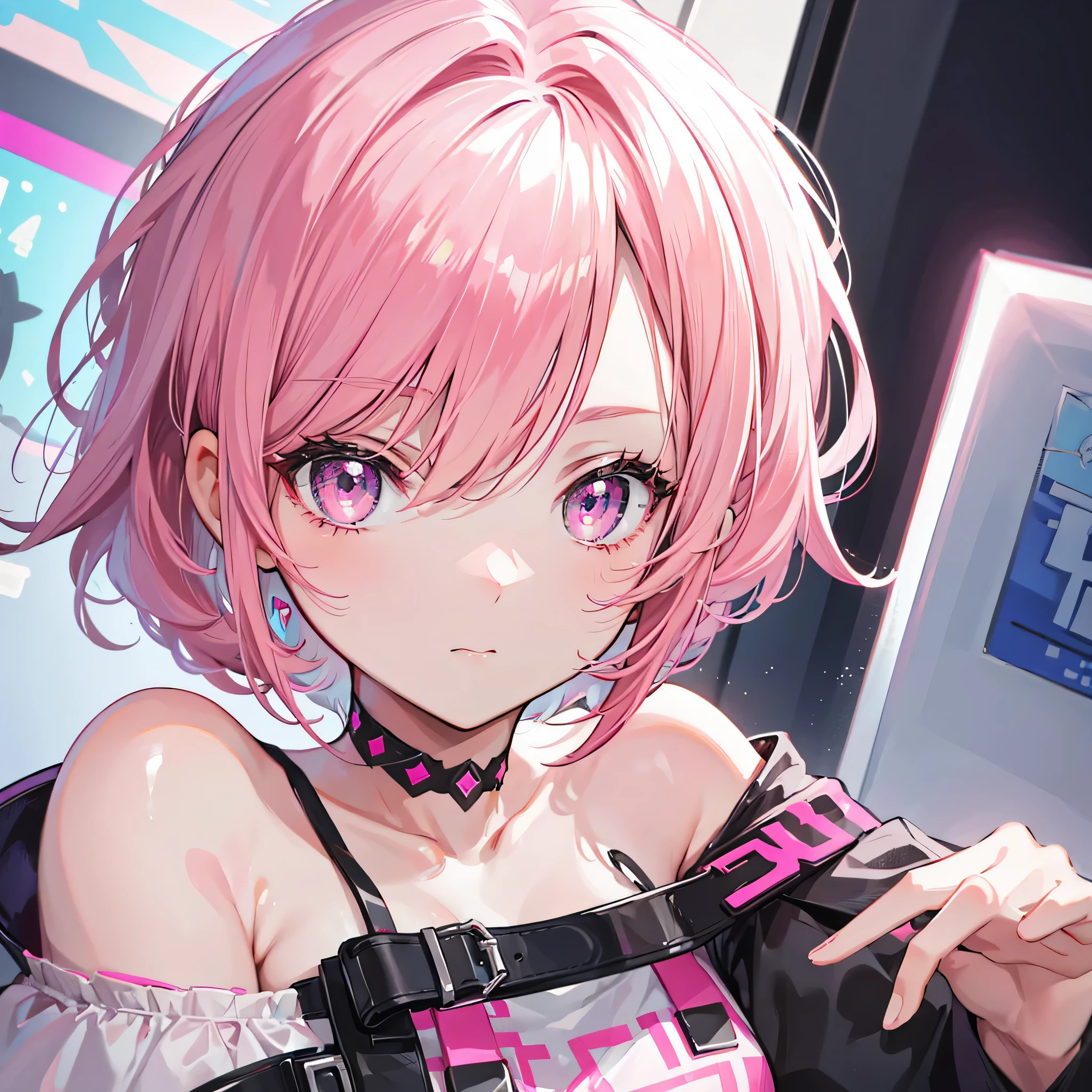 Short off-shoulder hair in pink and white,Rin々nice and lovely girl, extreme close up, In the arcade