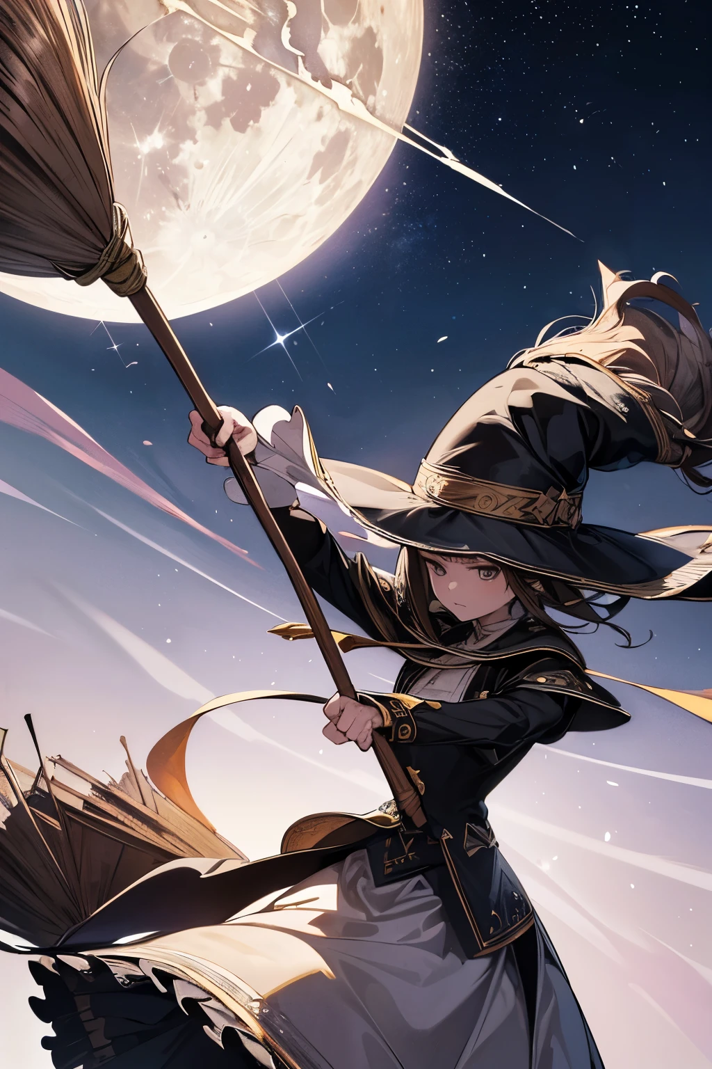 best quality, 32k, RAW photo, incredibly absurdres, extremely detailed, delicate texture, delicate, flashy and dynamic depiction, image processing with mysterious effects, (brooms:1.4), flying broomsticks race, stars, moon, magic, magic circle