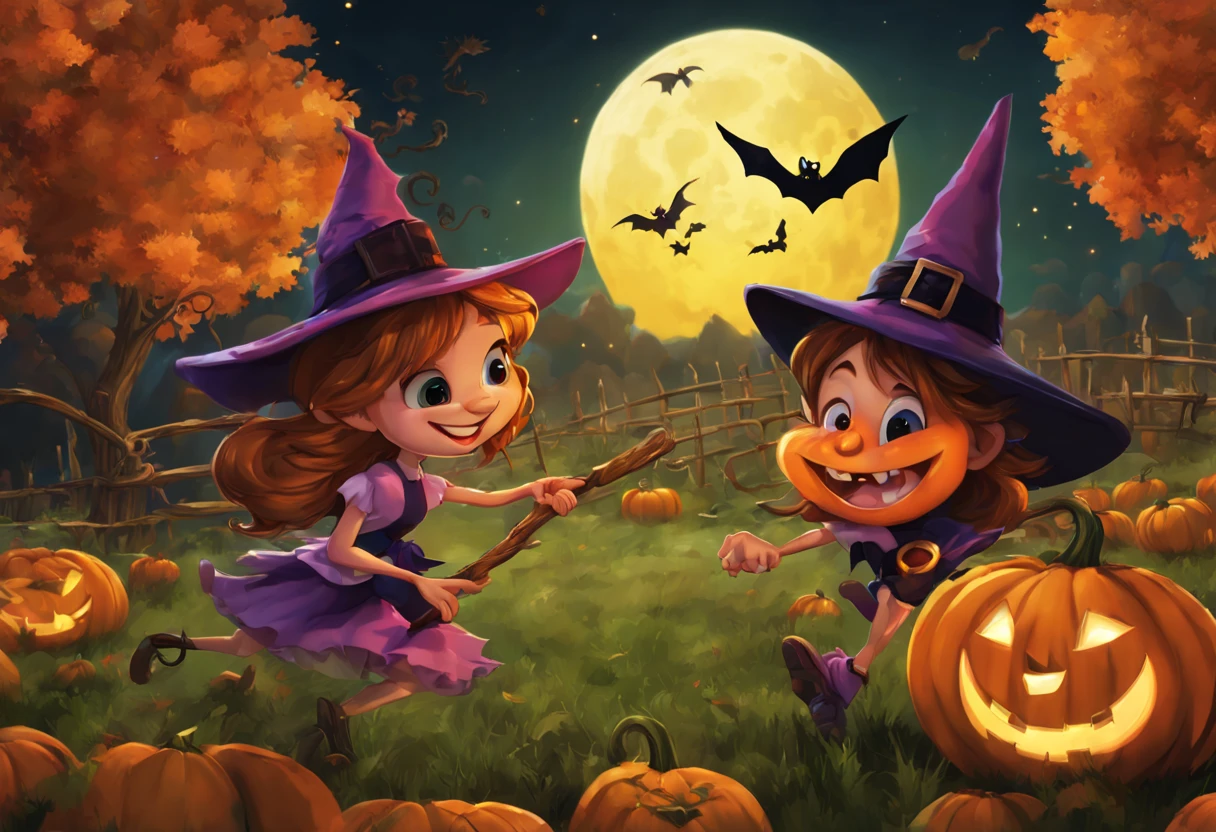 (best quality,4k,highres),looney tunes witches flying through a pumpkin patch at night,racing witches with broomsticks,spooky,comical,pumpkin-filled patch,charmingly detailed pumpkins,colorful witch costumes,full moon lighting,whimsical atmosphere,windswept hair,expressive facial expressions,spider webs,and bats,creepy-crawly crawling spiders,festive Halloween spirit,dynamic motion,laughter and excitement,animated artwork,enchanted fantasy,thrilling witch race,wickedly funny,mesmerizing visual effects,hauntingly beautiful scenery,magical aura,mischievous tricks and spells,nighttime adventure,playful competition,breathtaking sky,illuminating stars, clearly defined race course, finish line is a ring of swirling magic