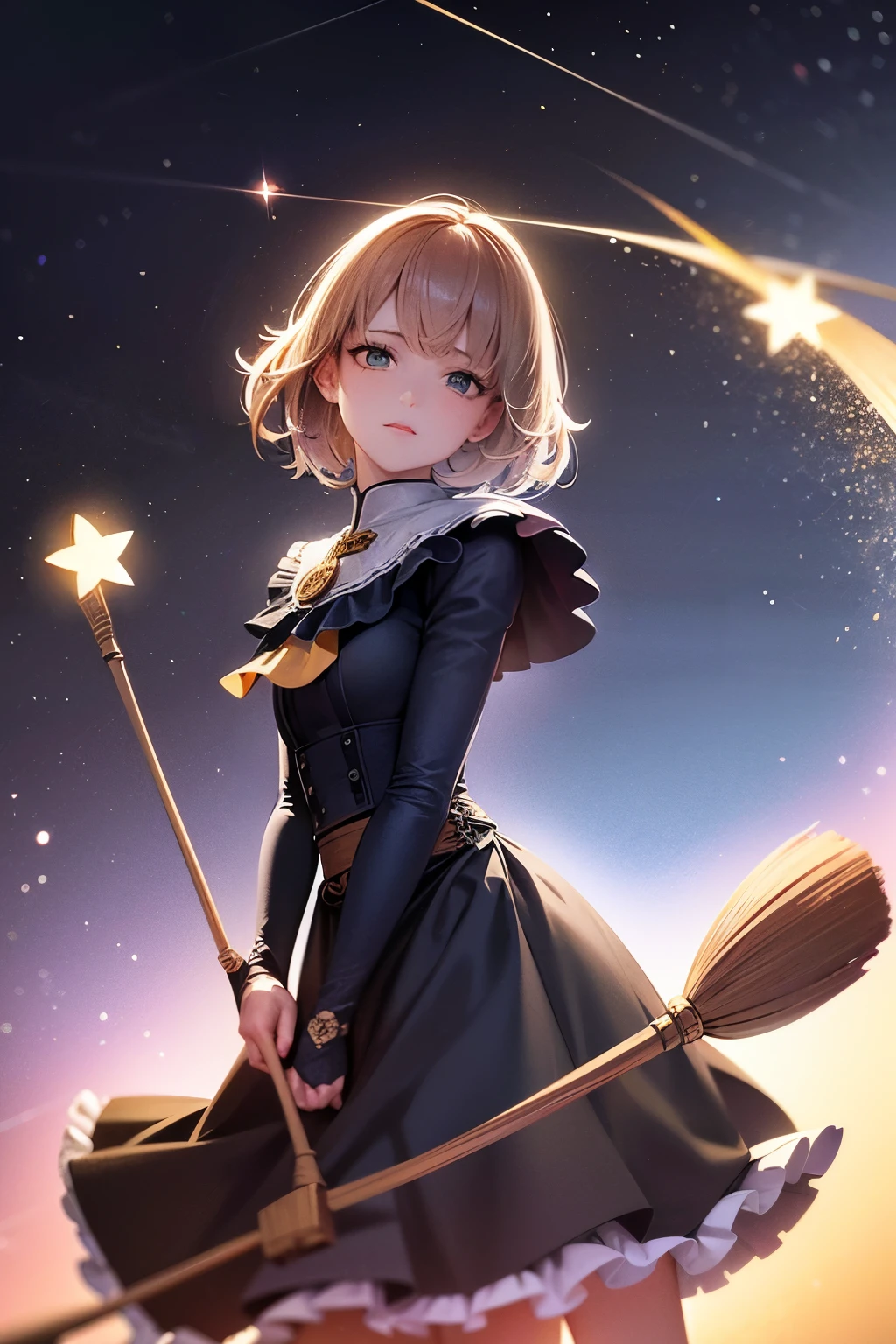 best quality, 32k, RAW photo, incredibly absurdres, extremely detailed, delicate texture, delicate, flashy and dynamic depiction, image processing with mysterious effects, (brooms:1.3), flying broomsticks race, stars, moon, magic, magic circle