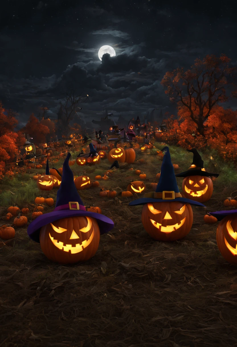 (best quality,4k,highres),looney tunes witches flying through a pumpkin patch at night,racing witches with broomsticks,spooky,comical,pumpkin-filled patch,charmingly detailed pumpkins,colorful witch costumes,full moon lighting,whimsical atmosphere,windswept hair,expressive facial expressions,spider webs,and bats,creepy-crawly crawling spiders,festive Halloween spirit,dynamic motion,laughter and excitement,animated artwork,enchanted fantasy,thrilling witch race,wickedly funny,mesmerizing visual effects,hauntingly beautiful scenery,magical aura,mischievous tricks and spells,nighttime adventure,playful competition,breathtaking sky,illuminating stars, clearly defined race course, finish line is a ring of swirling magic