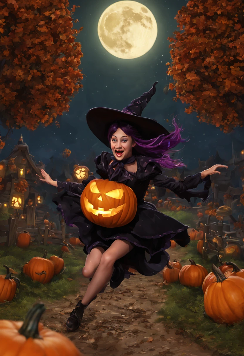 (best quality,4k,highres),looney tunes witches flying through a pumpkin patch at night,racing witches with broomsticks,spooky,comical,pumpkin-filled patch,charmingly detailed pumpkins,colorful witch costumes,full moon lighting,whimsical atmosphere,windswept hair,expressive facial expressions,spider webs,and bats,creepy-crawly crawling spiders,festive Halloween spirit,dynamic motion,laughter and excitement,animated artwork,enchanted fantasy,thrilling witch race,wickedly funny,mesmerizing visual effects,hauntingly beautiful scenery,magical aura,mischievous tricks and spells,nighttime adventure,playful competition,breathtaking sky,illuminating stars, clearly defined race course, finish line is a ring of swirling magic