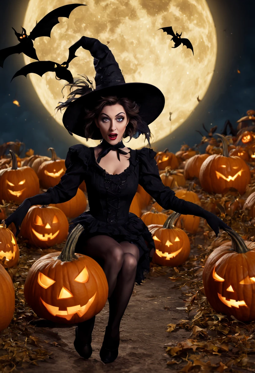 (best quality,4k,highres),looney tunes witches flying through a pumpkin patch at night,racing witches with broomsticks,spooky,comical,pumpkin-filled patch,charmingly detailed pumpkins,colorful witch costumes,full moon lighting,whimsical atmosphere,windswept hair,expressive facial expressions,spider webs,and bats,creepy-crawly crawling spiders,festive Halloween spirit,dynamic motion,laughter and excitement,animated artwork,enchanted fantasy,thrilling witch race,wickedly funny,mesmerizing visual effects,hauntingly beautiful scenery,magical aura,mischievous tricks and spells,nighttime adventure,playful competition,breathtaking sky,illuminating stars, clearly defined race course, finish line is a ring of swirling magic