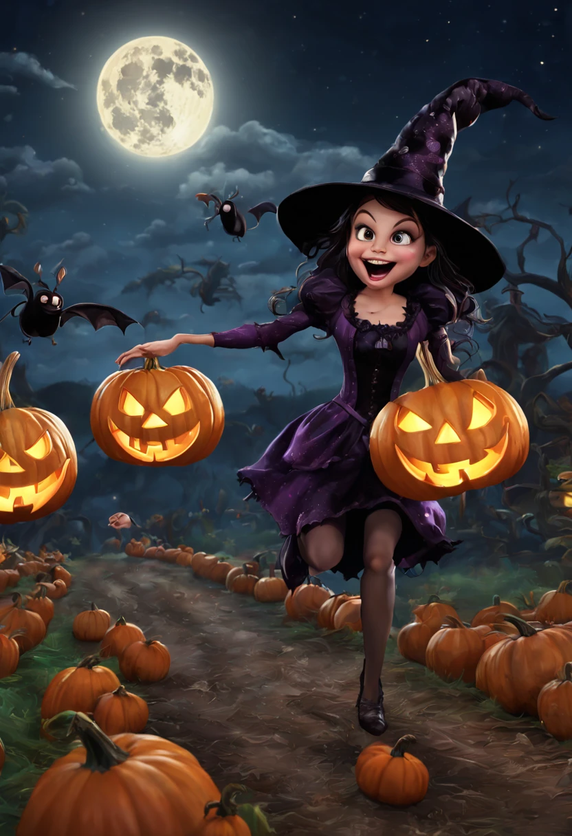 (best quality,4k,highres),looney tunes witches flying through a pumpkin patch at night,racing witches with broomsticks,spooky,comical,pumpkin-filled patch,charmingly detailed pumpkins,colorful witch costumes,full moon lighting,whimsical atmosphere,windswept hair,expressive facial expressions,spider webs,and bats,creepy-crawly crawling spiders,festive Halloween spirit,dynamic motion,laughter and excitement,animated artwork,enchanted fantasy,thrilling witch race,wickedly funny,mesmerizing visual effects,hauntingly beautiful scenery,magical aura,mischievous tricks and spells,nighttime adventure,playful competition,breathtaking sky,illuminating stars, clearly defined race course, finish line is a ring of swirling magic