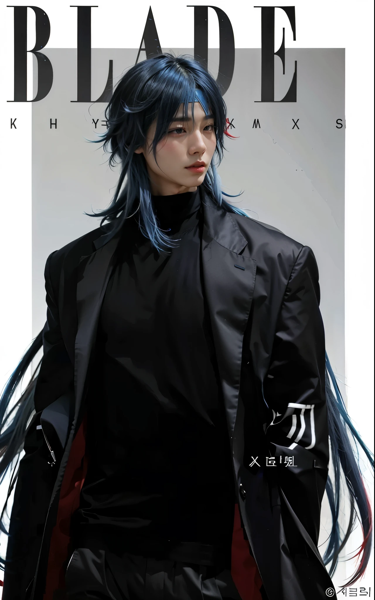 Kpop man, young man, Korean, white skin, long blue hair mixed with red, wearing a black suit.