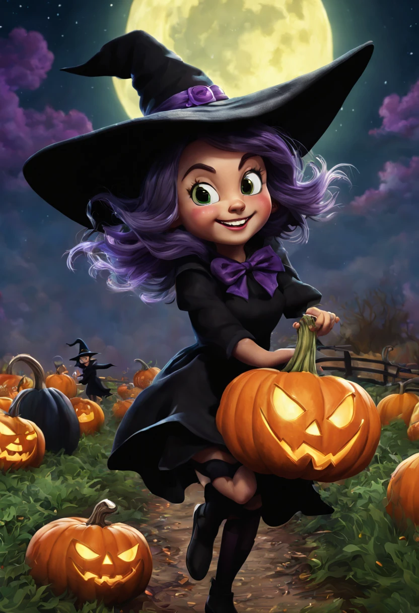 (best quality,4k,highres),looney tunes witches flying through a pumpkin patch at night,racing witches with broomsticks,spooky,comical,pumpkin-filled patch,charmingly detailed pumpkins,colorful witch costumes,full moon lighting,whimsical atmosphere,windswept hair,expressive facial expressions,spider webs,and bats,creepy-crawly crawling spiders,festive Halloween spirit,dynamic motion,laughter and excitement,animated artwork,enchanted fantasy,thrilling witch race,wickedly funny,mesmerizing visual effects,hauntingly beautiful scenery,magical aura,mischievous tricks and spells,nighttime adventure,playful competition,breathtaking sky,illuminating stars, clearly defined race course, finish line is a ring of swirling magic