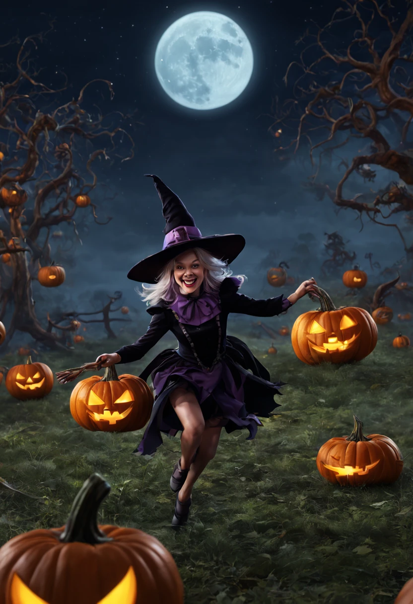 (best quality,4k,highres),looney tunes witches flying through a pumpkin patch at night,racing witches with broomsticks,spooky,comical,pumpkin-filled patch,charmingly detailed pumpkins,colorful witch costumes,full moon lighting,whimsical atmosphere,windswept hair,expressive facial expressions,spider webs,and bats,creepy-crawly crawling spiders,festive Halloween spirit,dynamic motion,laughter and excitement,animated artwork,enchanted fantasy,thrilling witch race,wickedly funny,mesmerizing visual effects,hauntingly beautiful scenery,magical aura,mischievous tricks and spells,nighttime adventure,playful competition,breathtaking sky,illuminating stars, clearly defined race course, finish line is a ring of swirling magic