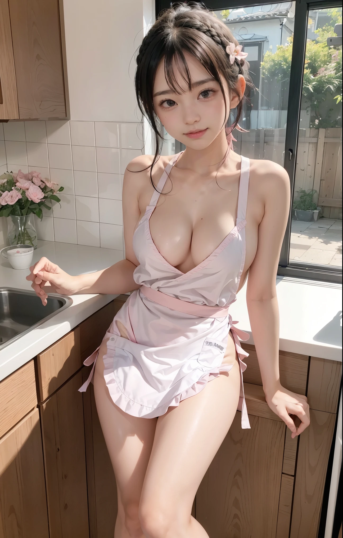 with a girl:her hair is black and short、、laughter、Her face is round and cute、((Full body shot including toes))、(white and pink mini apron:1.5)、Kitchen Scene:A beautiful scenery appears in the background.、blue sky, White cloud, Green meadows and colorful flowers。A scene painted softly like a watercolor painting.、It's a dreamy atmosphere。A scene that expresses a girl's imagination and sensitivity、Pubic hair shows completely naked pubic hair) ,more_become familiar with:1.5, (More and more_become familiar with:1.9)、big breasts、brain out、sunburn、sweaty muscles、short straight blonde hair、(almost naked:1.5)、(naked apron:1.3)、Please wear one apron on your body、nude、punk girl、(Styling hair with both hands:1.3)、cleanliness、Nipple peen、Carefree smile、exposing the bulge of the chest、shaking 、Mole in the mouth、inner thigh、(perfect slim female anatomy)、Sandals with a ribbon wrapped around the ankle