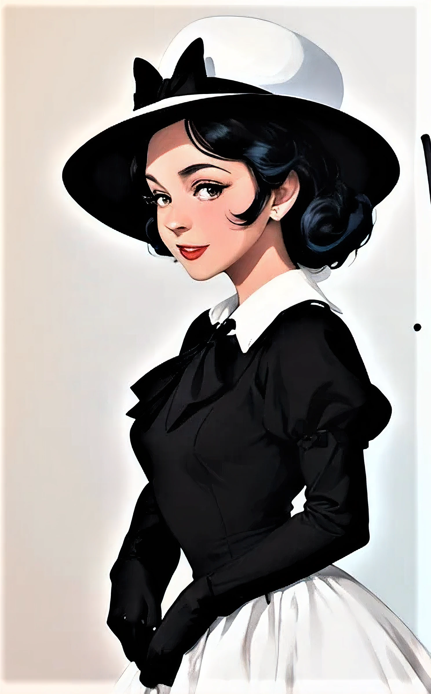 arafed woman in a white hat and black dress with a black bow, a colorized photo by Stan Galli, flickr, pop art, in costume, “ painting, old hollywood, vintage movie shot, circa 1940s, vintage color photo, 1952, belle, 1 9 5 5, 1955, 1940s