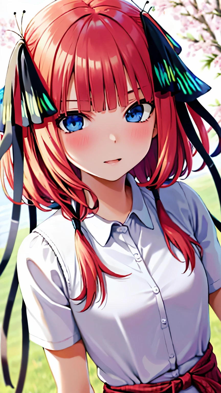 1girl in, solo, Nakano Nino, Pink hair, butterfly hair ornament, (White Apron), Cafe Background, (red blush:1.3), beautiful a girl,(florals,many small white petals:1.3),garden,blue open sky,looking at the viewers,Small waist,Official art,Raw foto,face lights,Dynamic lighting,electric light,A hyper-realistic,hight resolution,a picture,highestdetailed,ighly detailed,detaile,Highly detailed eyes and face,finely detail girls