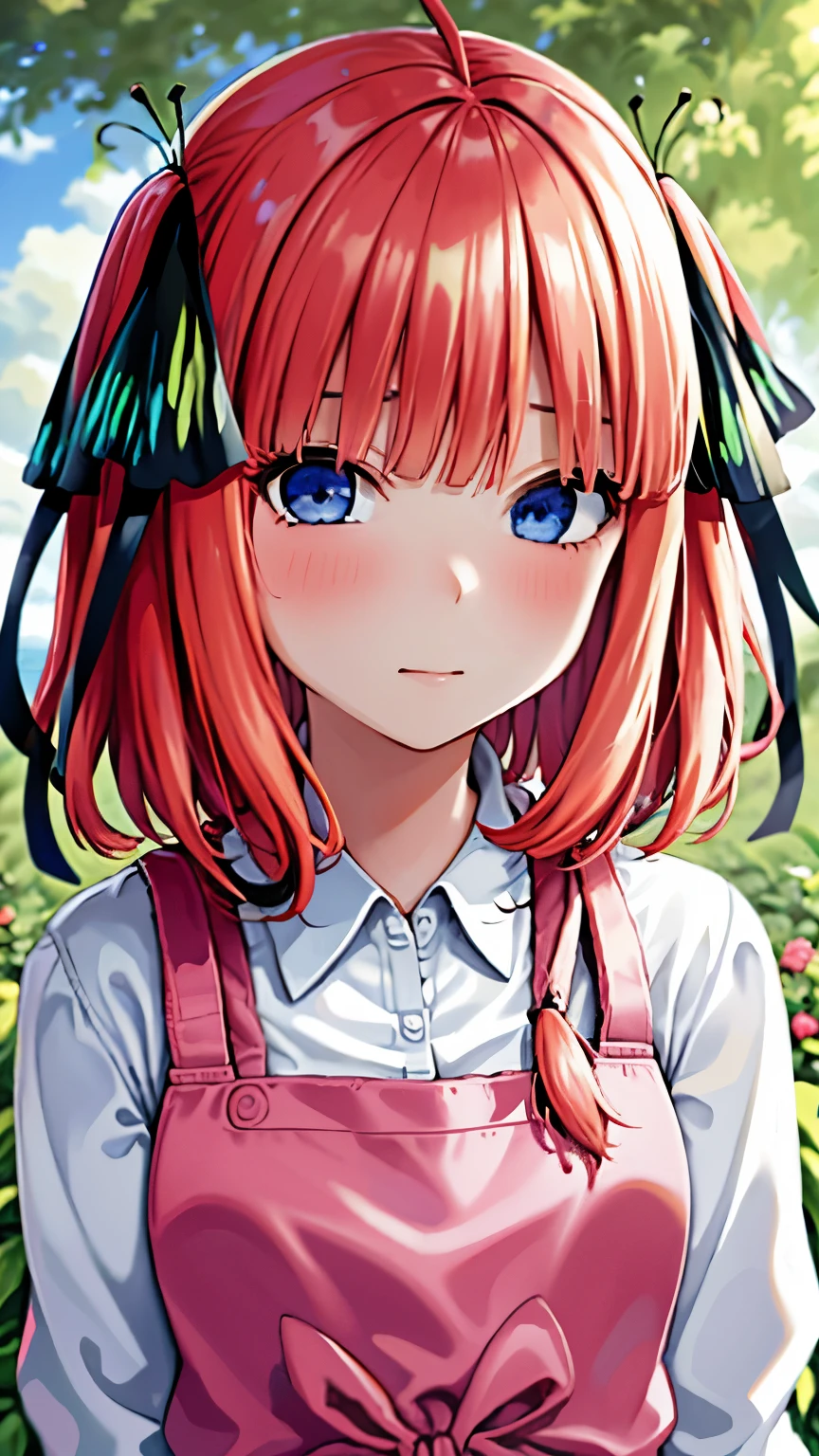1girl in, solo, Nakano Nino, Pink hair, butterfly hair ornament, (White Apron), Cafe Background, (red blush:1.3), beautiful a girl,(florals,many small white petals:1.3),garden,blue open sky,looking at the viewers,Small waist,Official art,Raw foto,face lights,Dynamic lighting,electric light,A hyper-realistic,hight resolution,a picture,highestdetailed,ighly detailed,detaile,Highly detailed eyes and face,finely detail girls