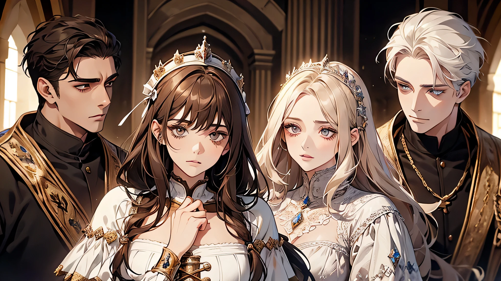 1 handsome man, 1 beautiful girl, man in white hair, girl in brown hair, in a townhall, medieval times, knight, confused face, face detailed, plump lips, no expression, calm face, detailed eyes, detailed nose