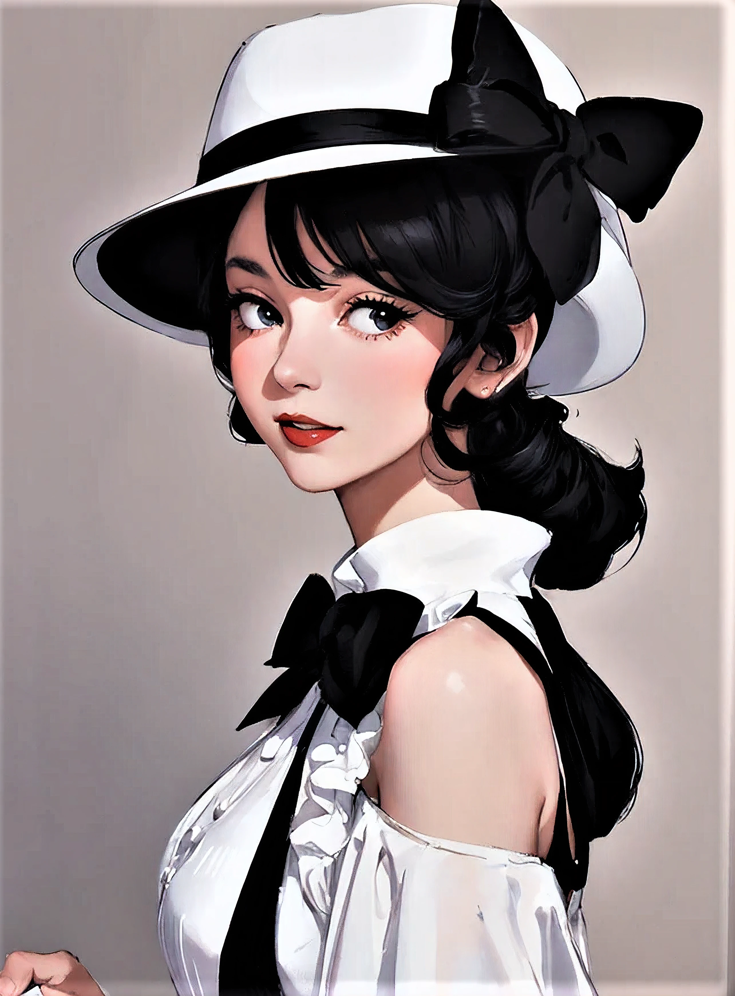 arafed woman in a white hat and black dress with a black bow, a colorized photo by Stan Galli, flickr, pop art, in costume, “ painting, old hollywood, vintage movie shot, circa 1940s, vintage color photo, 1952, belle, 1 9 5 5, 1955, 1940s