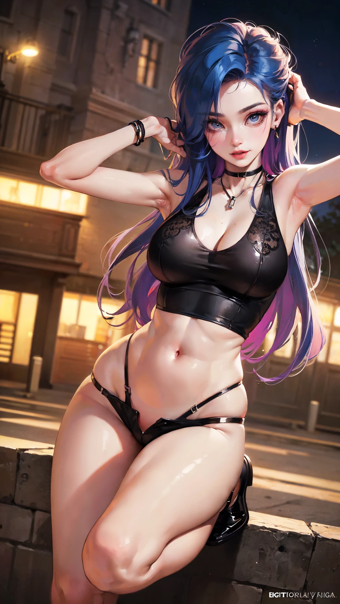 Jinx, Fleshy thighs, Instagram pose,Dynamic angle, Show armpits, ((Sleeveless shirt)), Nipples, C cup, Happy expression, (Entire body image:1.5), (8K, Best quality, A high resolution:1.35), (RAW photo:1.2), (Photorealistic:1.37), (Masterpiece: 1.25), Dramatic lighting, Photon maping, Symmetry, Complexity, Elegance, (1 girl), Large of breast, Long eyelashes, Detailed eyelashes, Eye shadows, Glowing eyes, ((Natural makeup, Clear facial features)), ((Curvy build, Showing stomach)), ((Fine detailed beautiful eyes: 1.2)), Bad girl, Erotic, ((Park background, Night))