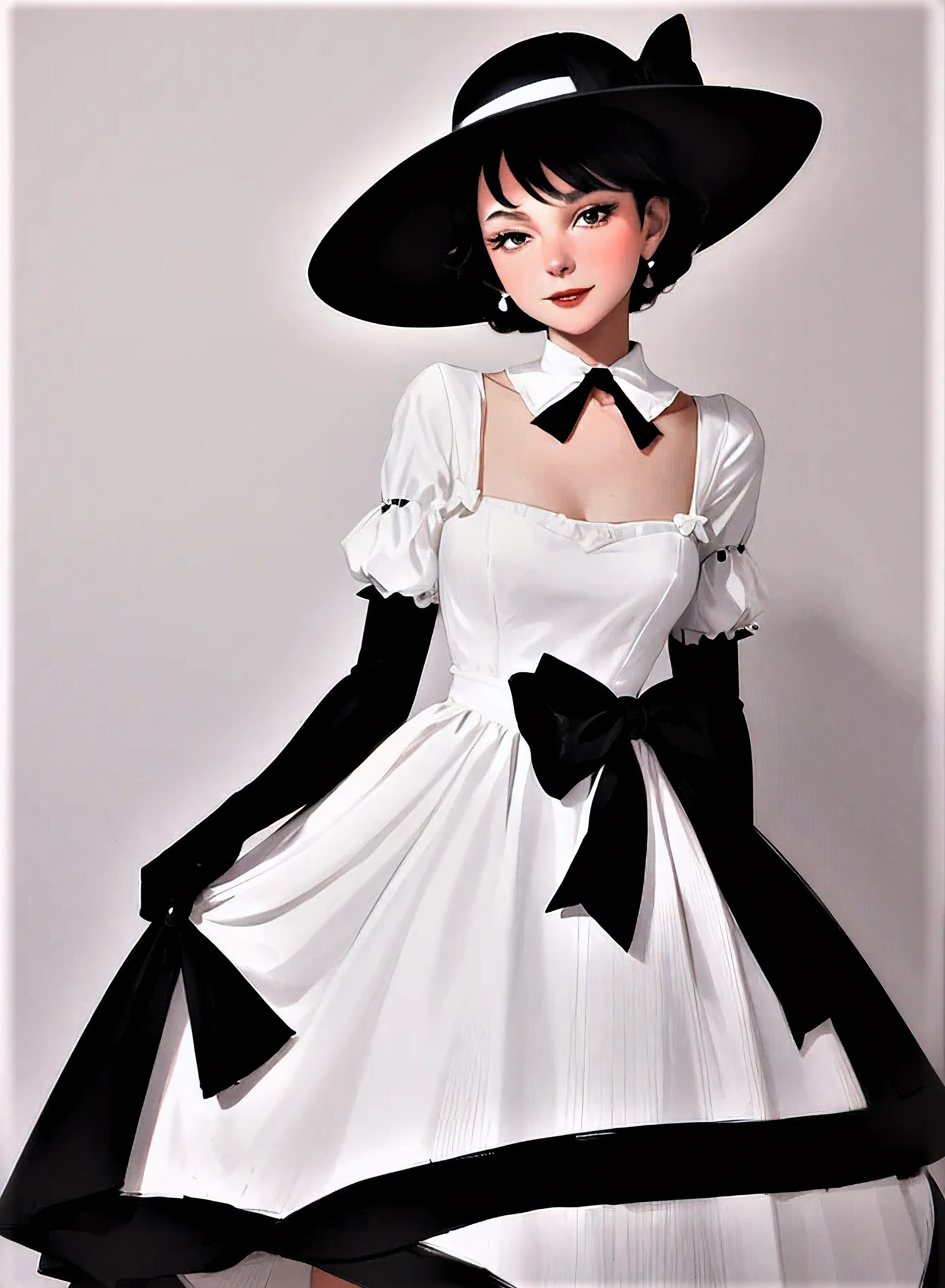 arafed woman in a white hat and black dress with a black bow, a colorized photo by Stan Galli, flickr, pop art, in costume, “ painting, old hollywood, vintage movie shot, circa 1940s, vintage color photo, 1952, belle, 1 9 5 5, 1955, 1940s