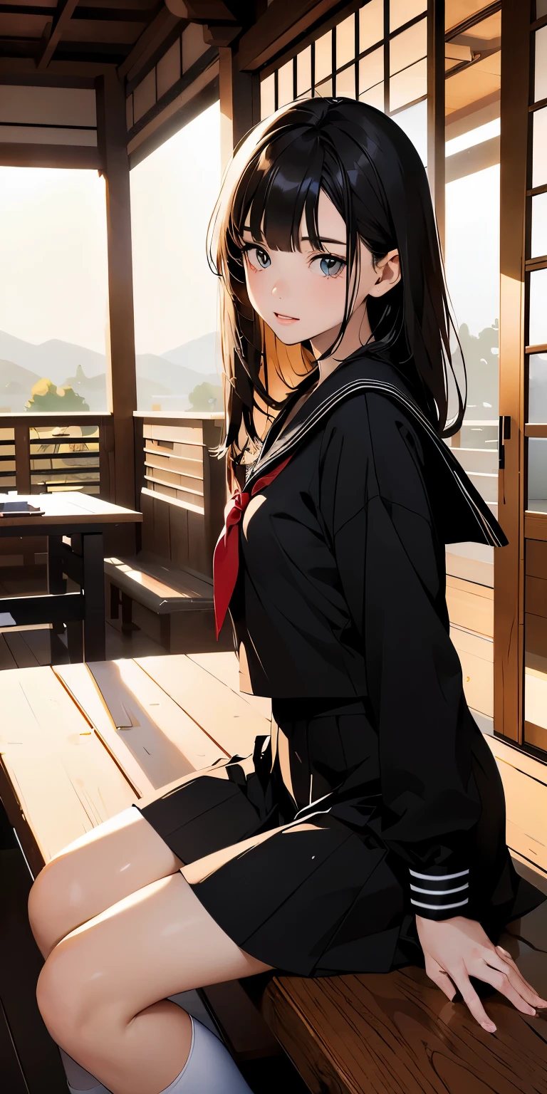 8K, masterpiece, highest quality, Ultra - High resolution, highest resolution, very detailed, professional lighting, Orange Light Lighting、Backlight、Detailed CG、Low angle from the front、full body shot、Beautiful woman、beautiful eyes、(detailed face and iace:1 2)、narrow eyes、almond eye、brown eyes、gradation eye、highlight:1.2)、(beautiful black hair、long hair、asymmetrical bangs、(plump lips、glossy lips、 size) 、(oval face : 1.4)、(thin fingered arms、detailed human hand)、(table top, highest quality:1.2), nostalgic、Wooden warehouse、Landscape with Japan wooden house、Sitting on the veranda、ancient folk house、pine trees、plant、Beautiful Japan garden、The bright red sunset is beautiful、vapor、mist、white breath、full body pose、Girl blends into the landscape、sitting in a chair、Beautiful woman, small face、white skin、very cute, 、(detailed eye、bright pupils、gradient eyes:1、細かく描かれたbeautiful eyes:1、symmetrical eyes:1、目の大きなhighlight:1.2)、fine hair、brown eyes)、Breasts are medium in size、(black brown hair、semi-long)、(sailor suit、serafuku:1.4)、thin and long legs、beautiful hip line、Beautiful spine、constricted back、tight waist、black underwear、JK Black Skirt 、pleated skirt、Hip line emphasis、black socks、black stockings、brown eyes,face is a little red, beautiful breasts、Breasts are A cup、shoes are loafers、long hairの枝毛) 、(round face: 1.4)、gentle smile、open your mouth、teeth visible、black knee high socks