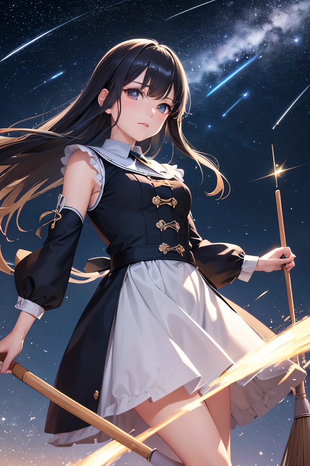 best quality, 32k, RAW photo, incredibly absurdres, extremely detailed, delicate texture, Manga, American comics drawings, many magical brooms with their own intentions race in the night sky, sparkling shooting stars delicate, flashy and dynamic depiction, image processing with mysterious effects