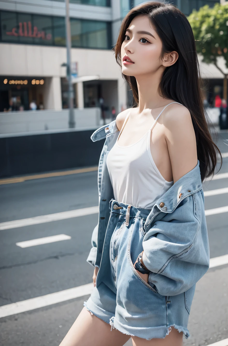 a girl in a fashion-forward outfit, beautiful detailed eyes, beautiful detailed lips, long eyelashes, fair skin, stylish hairstyle, confident posture, standing in a modern cityscape, against a backdrop of clean and sleek architecture, vibrant colors, natural lighting, high-res and ultra-detailed rendering, professional fashion photography style