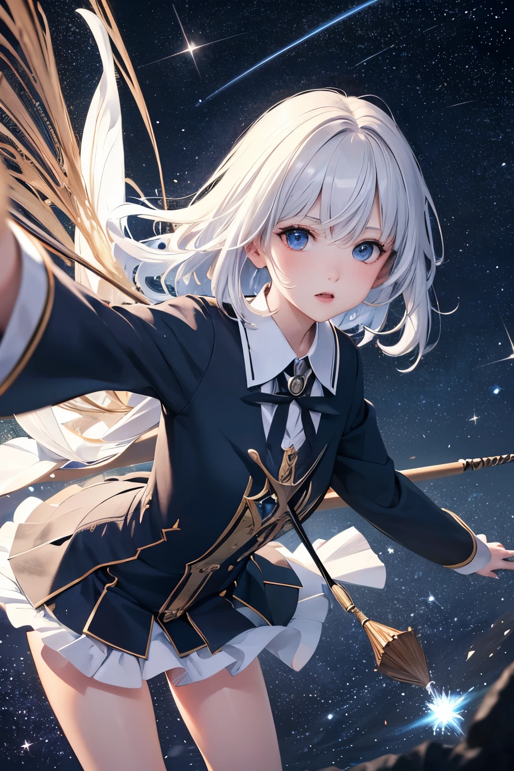 best quality, 32k, RAW photo, incredibly absurdres, extremely detailed, delicate texture, Manga, American comics drawings, magical flying broomsticks with intentions, races in the night sky, sparkling shooting stars, delicate, flashy and dynamic depiction, image processing with mysterious effects
