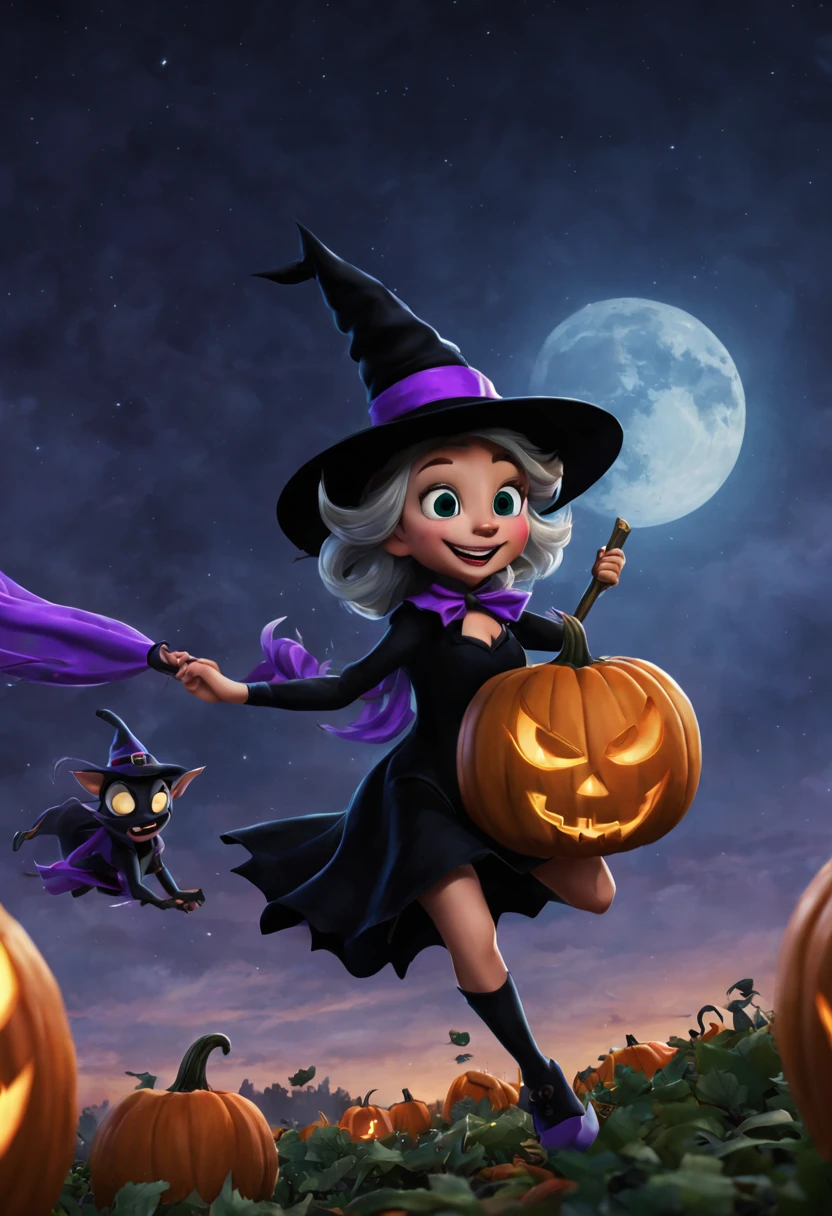 (best quality,4k,highres),looney tunes witches flying through a pumpkin patch at night,racing witches with broomsticks,spooky,comical,pumpkin-filled patch,charmingly detailed pumpkins,colorful witch costumes,full moon lighting,whimsical atmosphere,windswept hair,expressive facial expressions,spider webs,and bats,creepy-crawly crawling spiders,festive Halloween spirit,dynamic motion,laughter and excitement,animated artwork,enchanted fantasy,thrilling witch race,wickedly funny,mesmerizing visual effects,hauntingly beautiful scenery,magical aura,mischievous tricks and spells,nighttime adventure,playful competition,breathtaking sky,illuminating stars, clearly defined race course, finish line is a ring of swirling magic