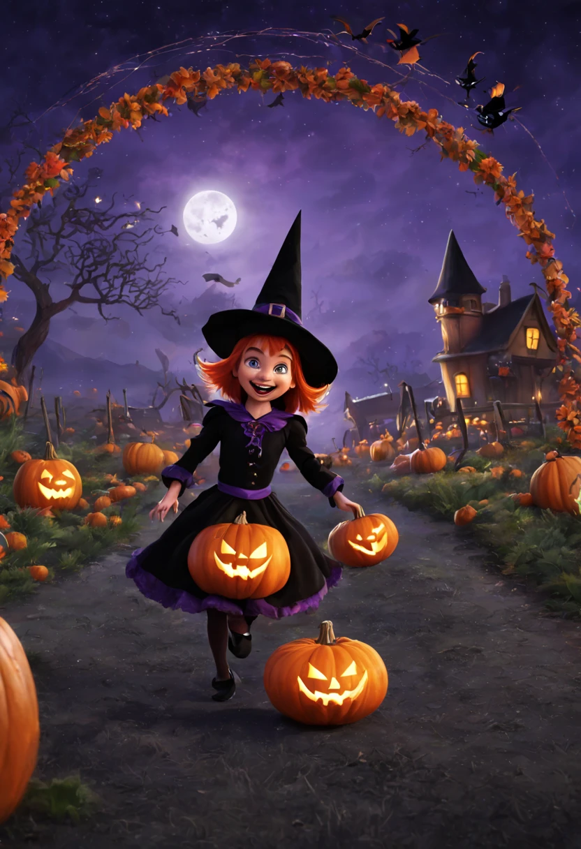 (best quality,4k,highres),looney tunes witches flying through a pumpkin patch at night,racing witches with broomsticks,spooky,comical,pumpkin-filled patch,charmingly detailed pumpkins,colorful witch costumes,full moon lighting,whimsical atmosphere,windswept hair,expressive facial expressions,spider webs,and bats,creepy-crawly crawling spiders,festive Halloween spirit,dynamic motion,laughter and excitement,animated artwork,enchanted fantasy,thrilling witch race,wickedly funny,mesmerizing visual effects,hauntingly beautiful scenery,magical aura,mischievous tricks and spells,nighttime adventure,playful competition,breathtaking sky,illuminating stars, clearly defined race course, finish line is a ring of swirling magic