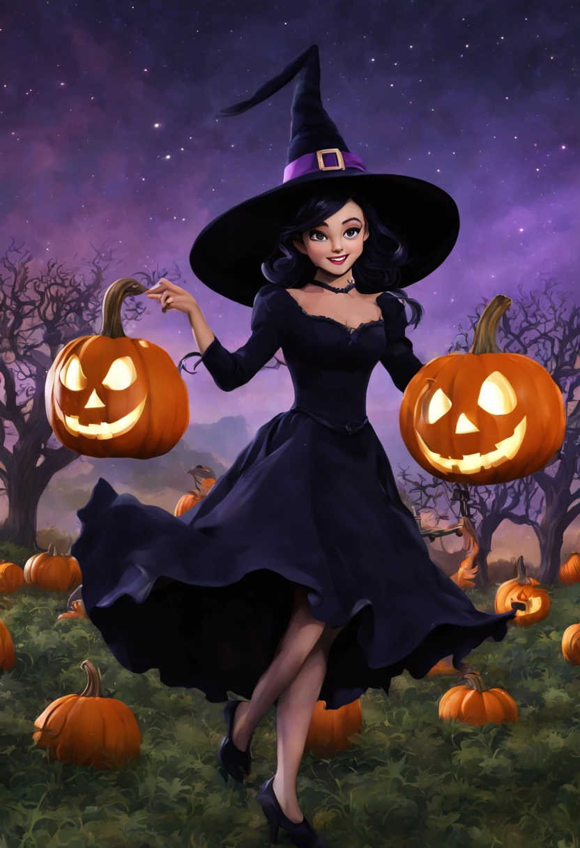 (best quality,4k,highres),looney tunes witches flying through a pumpkin patch at night,racing witches with broomsticks,spooky,comical,pumpkin-filled patch,charmingly detailed pumpkins,colorful witch costumes,full moon lighting,whimsical atmosphere,windswept hair,expressive facial expressions,spider webs,and bats,creepy-crawly crawling spiders,festive Halloween spirit,dynamic motion,laughter and excitement,animated artwork,enchanted fantasy,thrilling witch race,wickedly funny,mesmerizing visual effects,hauntingly beautiful scenery,magical aura,mischievous tricks and spells,nighttime adventure,playful competition,breathtaking sky,illuminating stars, clearly defined race course, finish line is a ring of swirling magic