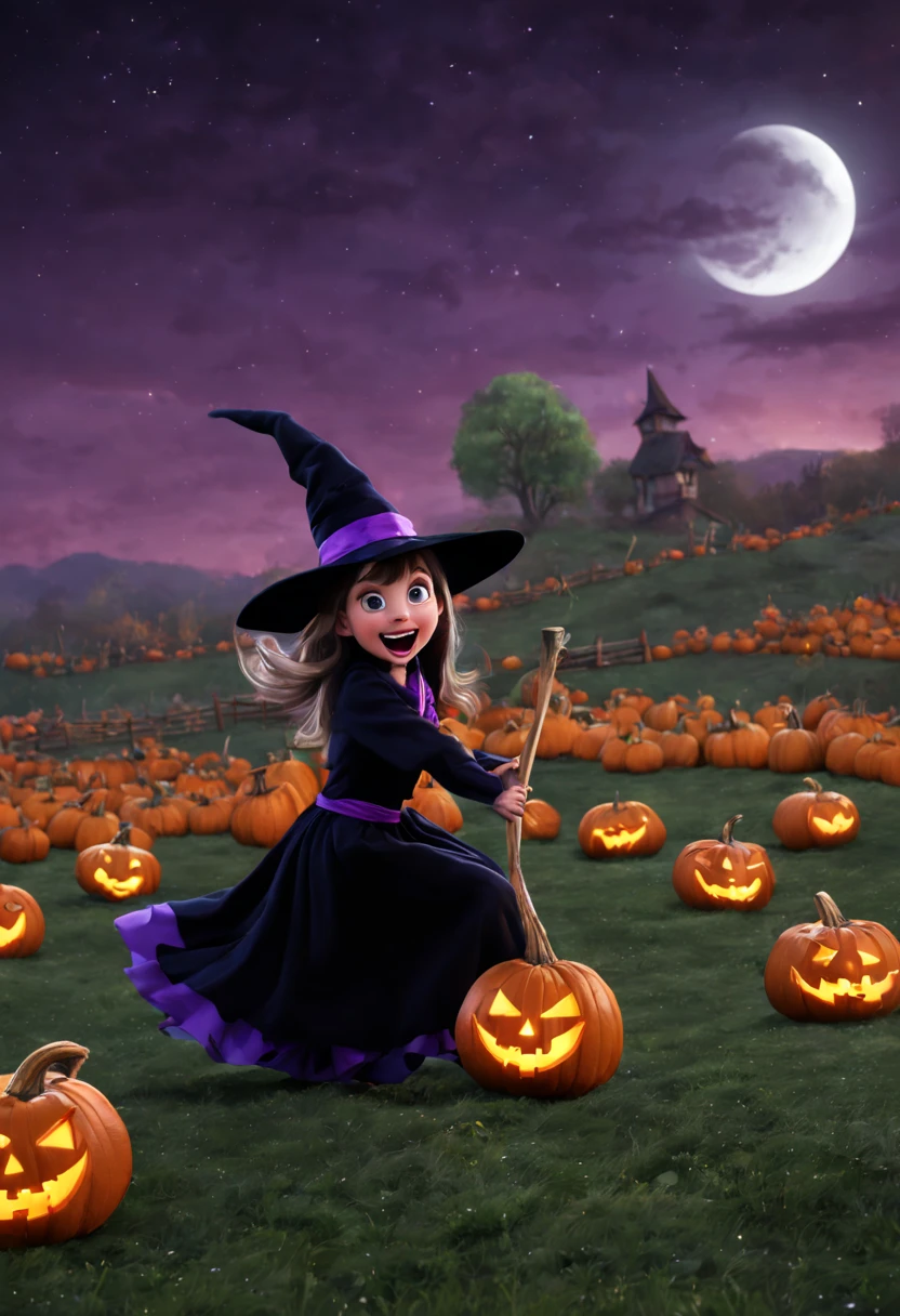 (best quality,4k,highres),looney tunes witches flying through a pumpkin patch at night,racing witches with broomsticks,spooky,comical,pumpkin-filled patch,charmingly detailed pumpkins,colorful witch costumes,full moon lighting,whimsical atmosphere,windswept hair,expressive facial expressions,spider webs,and bats,creepy-crawly crawling spiders,festive Halloween spirit,dynamic motion,laughter and excitement,animated artwork,enchanted fantasy,thrilling witch race,wickedly funny,mesmerizing visual effects,hauntingly beautiful scenery,magical aura,mischievous tricks and spells,nighttime adventure,playful competition,breathtaking sky,illuminating stars, clearly defined race course, finish line is a ring of swirling magic