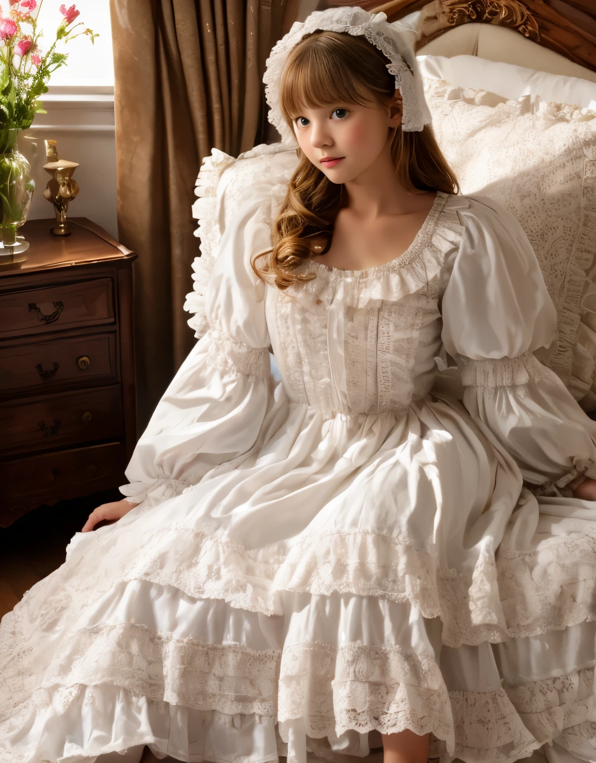 ,highest quality, masterpiece, highest resolution, artwork, super それにget used to it, many get used to it, get used to it, それにget used to it, 3K realistic photos,,((((10 year old girl)))),Super detailed young girl&#39;s face,
Beautiful girl illustration,detailed beautiful face detailed hair,detailed human eye ,detailed mouth, arm details,detailed hands,

european,(((Blonde with super long rolls))),blue eyes,pajamas,night wear,((((white nightgown)))),((フリルとリボンが沢山付いたwhite nightgown)),((1920 style nightgowns)),,((headdress with frills and ribbons)),victorian nightgowns,Yoke collar with ruffles and ribbons,Long sleeves with ruffles,((Long skirt up to the ankle)),((The whole body is reflected)),white ruffle and lace socks,Wearing slippers with frills and ribbons,Pillow with large frills and ribbons,detailed costume,Detailed pillow,sitting on the bed, 贅沢なcanopy bedの上,canopy bed,Luxurious curtains on both sides of the bed,many frilly pillows on the bed,super detailed background,Detailed bed,Soft futon,フリルとリボンが沢山付いたDetailed bedカバー,romantic atmosphere,