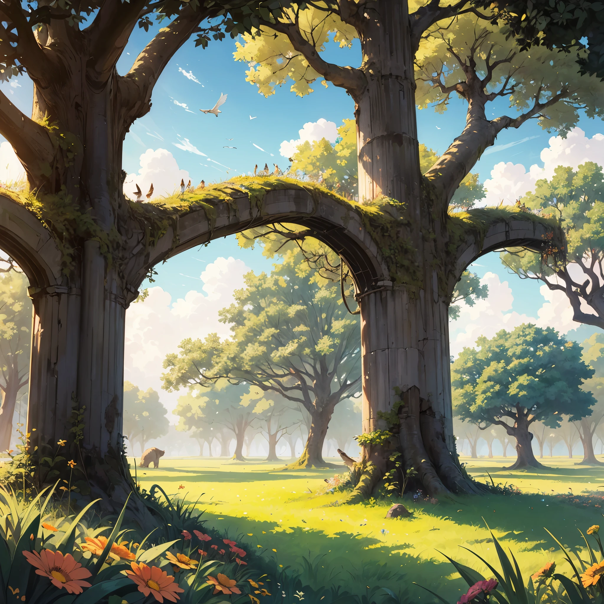 ((best quality)), ((masterpiece)), (detailed), landscape artwork showing endless field with lush grass, flowers scattered, scattered clouds, birds, banyan tree.