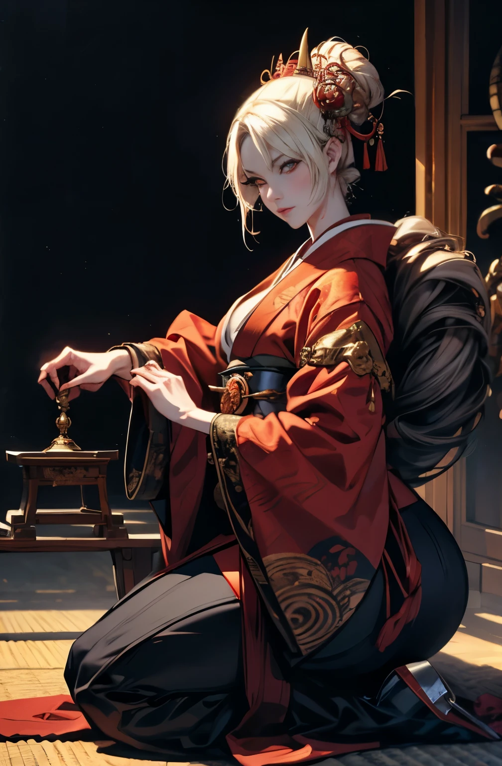 Beautiful demon pose, Are standing, Demon woman with a sword, powerful female samurai, gambling, platinum blonde demon, Beautiful red kimono, Oiran, highest ranking woman, Female Yakuza, Doji Ibaraki, Sake Drinker Doji, Inspired by Chen Yifei, Inspired by Francesco Hayez, Inspired by Hendrik Terbruggen, Jean＝Works that influenced Auguste Dominique Ingres, Inspired by Liu Jun, Jean＝Works that influenced Auguste Dominique Ingres, highest quality, perfect angle, perfect composition, best shot, official art, cinematic light, figurative art, Beautiful and expressive paintings, Beautiful artwork illustration, wonderful, cool beauty, clear, Mysterious, highest quality, official art, perfect composition,perfect angle, best shot, women only, sharp outline, pretty much beautiful face, demon of kyoto, Lord of Chimi-Mourou, A ruthless demon woman, demon queen, full body tattoo, wide, Rashomon, Close-up