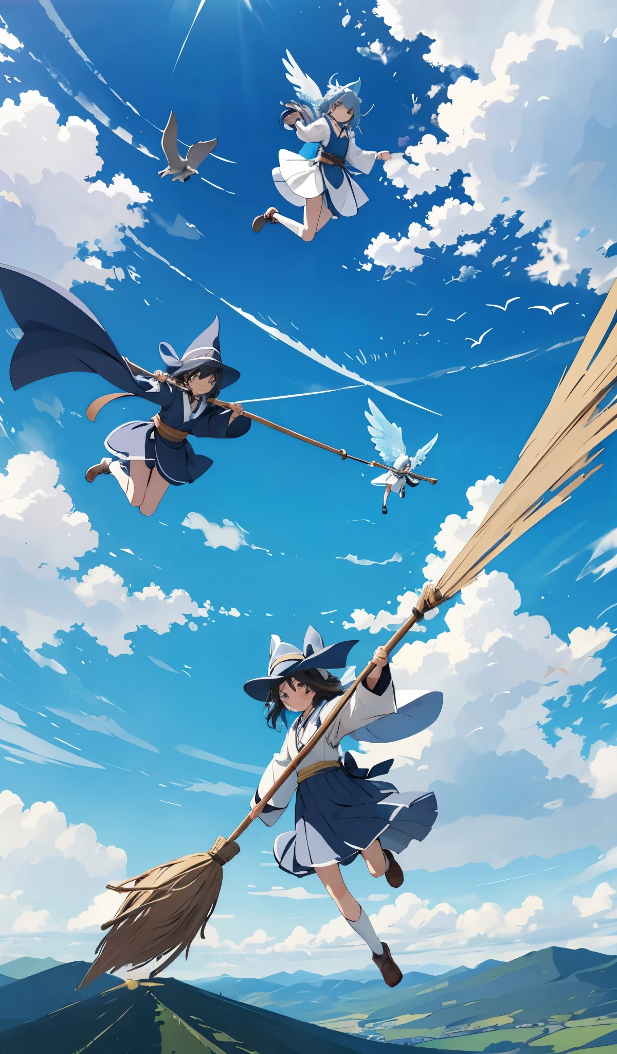 3girls, (3 wizard racing with broomstick), absurdes, japanese wizard, detailed art, imperfection, glam, fantasy, on a bright afternoon, cute wizards are racing on flying brooms under the blue sky. They weave through the clouds, fiercely competing and chasing each other. The backdrop of the vast sky and distant mountains conveys a sense of freedom in flight.
