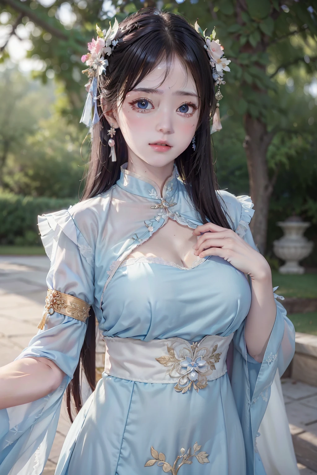 a princess 14 yeald old cute, Master picture quality, Highest quality, Best picture quality, Exaggerated details, The expression is shy,a close up of a , Super beautiful,Long hair, Very exaggerated and compact, Round breasts , Pose in front of the camera, ,, Wet-breasted Hanfu open V-chested clothes pink, All pictures, Wet body of thin silk fabric, Thin silk lace petticoat, (huge ,cleavage), petticoat, white pink, blue, jewery , accesssory, gold detail .
