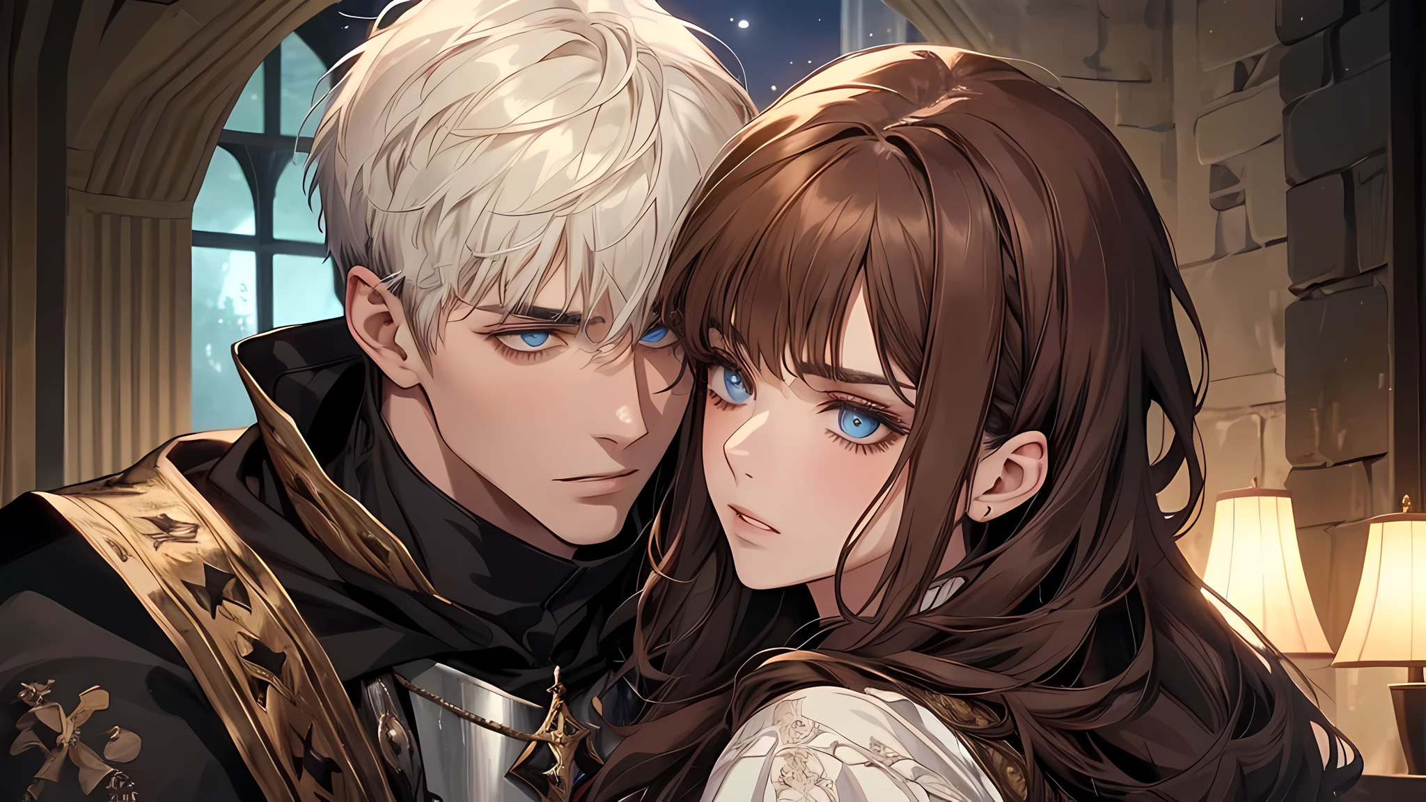 1 handsome man, 1 beautiful girl, man in short white hair, girl in brown hair, in a bedroom, medieval times, knight, confused face, face detailed, plump lips, no expression, calm face, detailed eyes, detailed nose, night time, dark