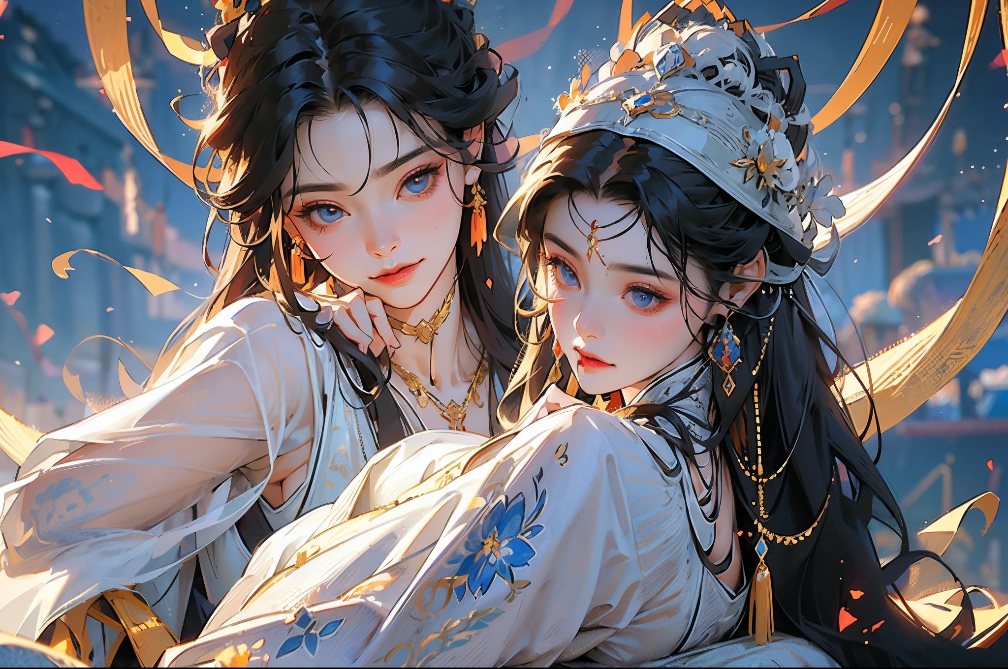 (best quality,4k,8k,highres,masterpiece:1.2),ultra-detailed,(realistic,photorealistic,photo-realistic:1.37),long hair, White hair, red eyes, beautiful eyes, long eyelashes, the inside of the hair is red, beautiful lips, white tunic, tunic decorated with rhinestones, crystals, diamond earrings, blush, background of the night garden of the palace, moon, shooting stars, moonlight on the top right, bottom view, golden choker on the neck, silk tunic, embroidery on the tunic with gold threads, high quality, super quality,