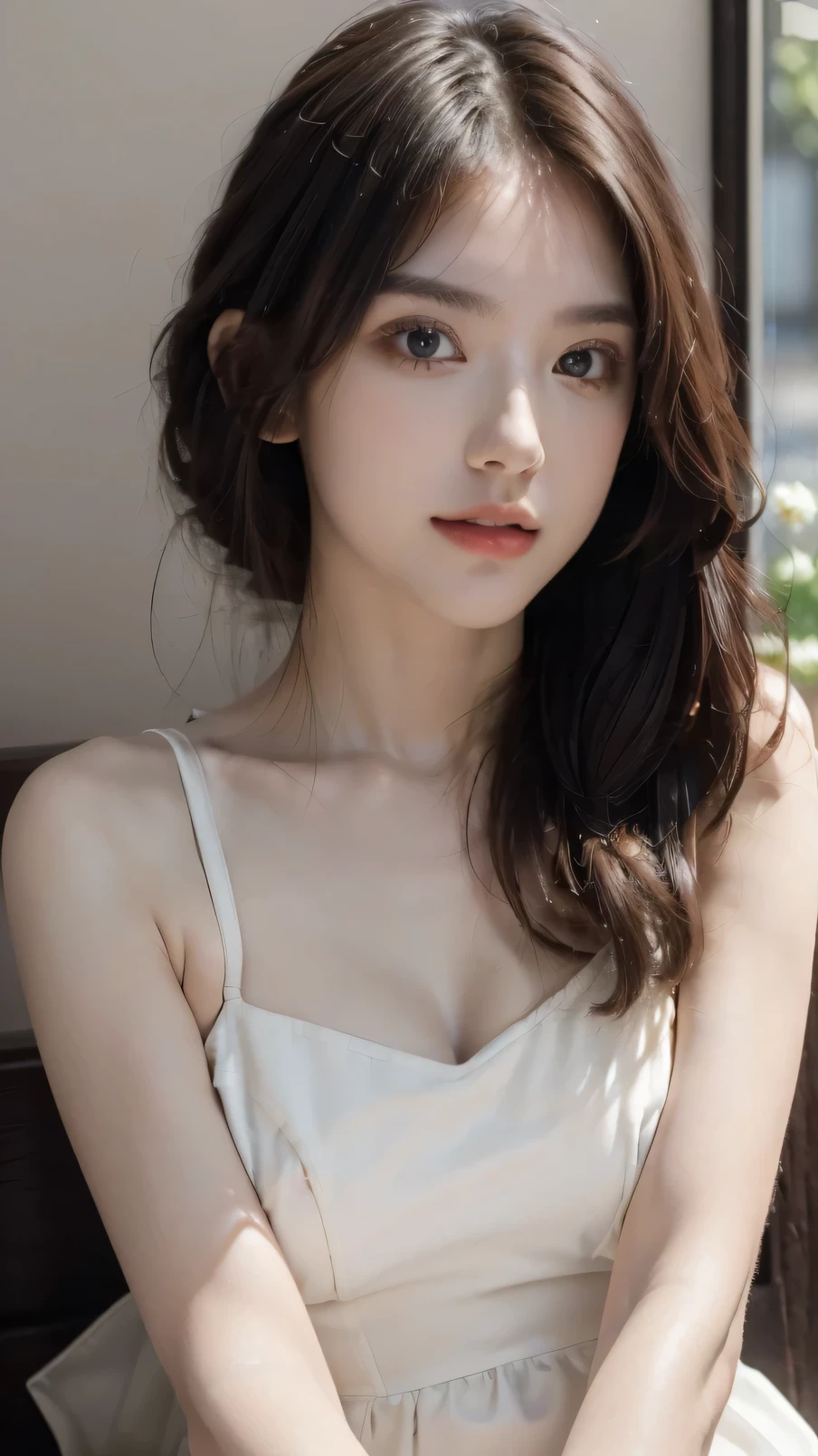 (8k, RAW photo, best quality, masterpiece:1.2), (realistic, photo-realistic:1.2), (photorealistic:1.4), (ultra high res, raw photo:1.4), ultra-detailed, a girl, perfect face, sitting, (upper body:1.3), (white dress:1.2), (softlight:1.2), (professional lighting:1.2), (studio:1.2), (coffee shop background:1.2), 