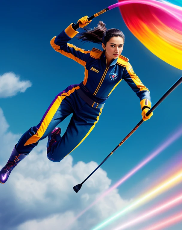 girl riding a broomstick, A thrilling air race, Fast-paced movement, Intense competition, magical aura, bright colors, dynamic composition, stunning scenery, The high-speed wind blew through her hair, A crowd of spectators cheered, Suspenseful atmosphere, Exciting times, Detailed depiction of a broom, Highly concentrated, Highly concentrated, dramatic lighting, blurred background, dynamic gesture, competel, resolution, adrenaline, magical light streaks, incredible speed, Magical clouds, 冒险Feeling, Feeling, Avatar, dream world, magic clothes, powerful flying broom, fascinating race, skilled manipulation, pulse-pounding excitement, Extraordinary flying ability, Exciting finish line, suspenseful ending, magical atmosphere, exciting experience. (best quality, 4K, high resolution, masterpiece:1.2), Super detailed, (actual, photoactual, photo-actual:1.37), human development report, bright colors, studio lighting, sharp focus, dynamic composition.