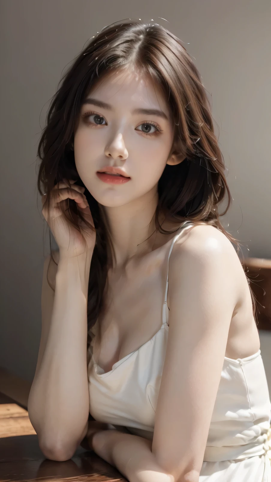 (8k, RAW photo, best quality, masterpiece:1.2), (realistic, photo-realistic:1.2), (photorealistic:1.4), (ultra high res, raw photo:1.4), ultra-detailed, a girl, perfect face, sitting, (upper body:1.3), (white dress:1.2), (softlight:1.2), (professional lighting:1.2), (studio:1.2), (coffee shop background:1.2), 