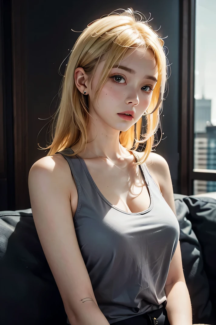 22-year-old woman, (high top fade: 1.3), long hair, dark theme, soothing tones, muted colors, high contrast, blonde (natural skin texture, hyperrealism, soft light, sharp), blonde, (white tank top), big, cleavage, skyscraper