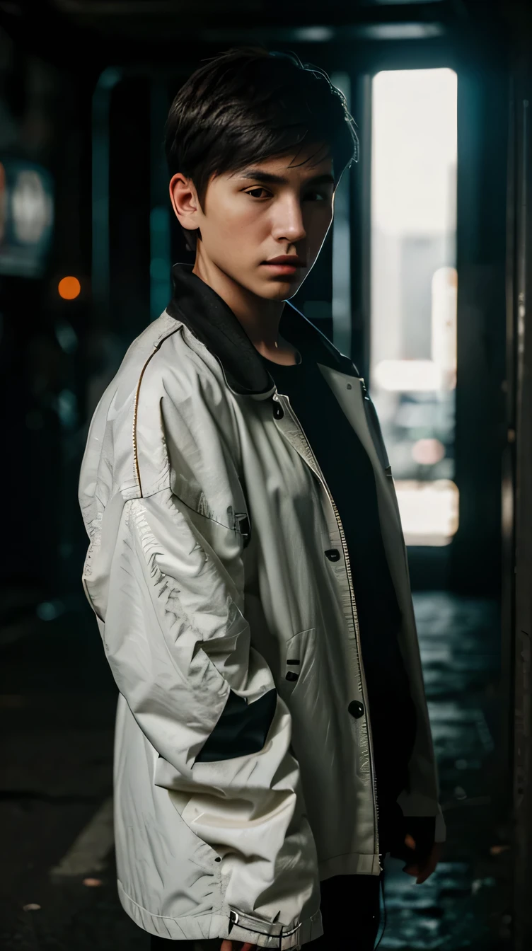 (masterpiece), best quality, 1boy, short thick hair, military haircut, underground street racing, oversized jacket, white shirt, racing gloves, oversized clothes, techwear clothes, cyberpunk theme, close-up, smug, dramatic light, cinematic light.