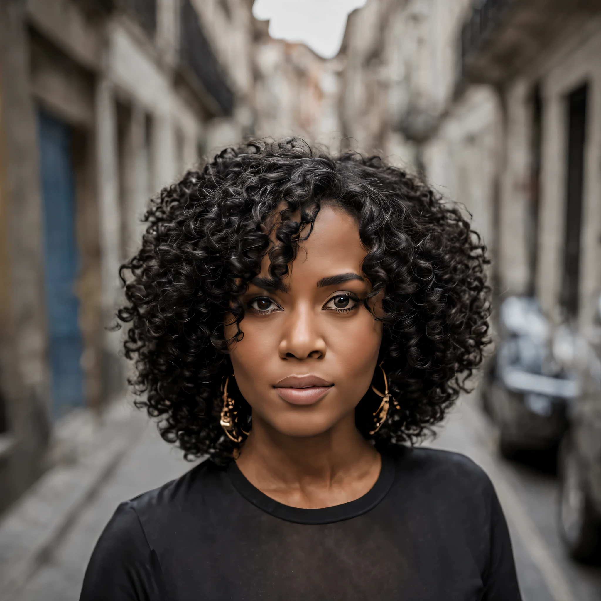 A High Angle Photo (bottom to top) highlights the height of buildings and creates a feeling of grandeur. The woman was wearing a top and short skirt, with white sneakers. Completely Arafed Woman, with greeneyes, eyes open and head up. confident pose, confident pose, beautiful young dark-skinned black female, Brazilian mixed-race black female, beautiful afro-latina girl in her 30s, beautiful african and latin woman, Brazilian and Angolan descent, black female, mixing African and indigenous characteristics, a unique mix of indigenous, African and European ebony. The hair is extremely curly, with well-defined and voluminous curls. The natural texture. Her hair is long, falling in voluminous waves around the shoulders and down the back. The hair has a lot of volume, creating a full, dense appearance. The hair is black. greeneyes, greeneyes, expressive greeneyes, beautiful greeneyes, realistic greeneyes, detailed greeneyes (eyeliner, long eyelashes). perfect, thick eyebrows. the nose is small and proportional, The face is beautiful. Attractive and irresistible mouth, Well-defined lips, fleshy lips, voluminous lips, seductive lips. the face is oval, with high cheekbones and a well-defined chin, a beautiful and detailed face. proffesional, Dramatic Makeup, a more impactful look with shadows that accentuate the captivating look, striking makeup, with eyeliner, black lipstick. skin tone: olive skinned, healthy and even shiny, com olive skinned, darkskin, sexy girl com olive skinned, Detailed texture skin, Beautiful and glowing skin, details Intricate, soft skin, healthy and radiant appearance. The woman has a well-defined and athletic body. Your silhouette is shapely, destacando sua Waist slender em contraste com seus quadris e busto cheios. She has a prominent bust, Breasts huge, large and firm breasts, silicone tits, voluminous breasts. Waist slender. The hips are wide and well defined, com format