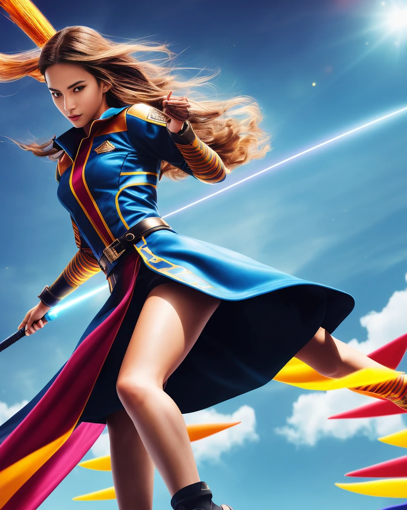 Girl on a broomstick, A thrilling air race, Fast-paced movement, Intense competition, magical aura, bright colors, dynamic composition, stunning scenery, The high-speed wind blew through her hair, A crowd of spectators cheered, Suspenseful atmosphere, Exciting times, Detailed depiction of a broom, high constrast, high constrast, dramatic lighting, blurred background, dynamic gesture, competel, solve, adrenaline, magical light streaks, incredible speed, Magical clouds, 冒险feels, feels, avatar, dream world, magic clothes, powerful flying broom, fascinating game, skilled manipulation, pulse-pounding excitement, Extraordinary flying ability, Exciting finish line, suspenseful ending, magical atmosphere, exciting experience. (best quality, 4K, high solve, masterpiece:1.2), super detailed, (actual, photoactual, photo-actual:1.37), human development report, bright colors, studio lighting, sharp focus, dynamic composition.