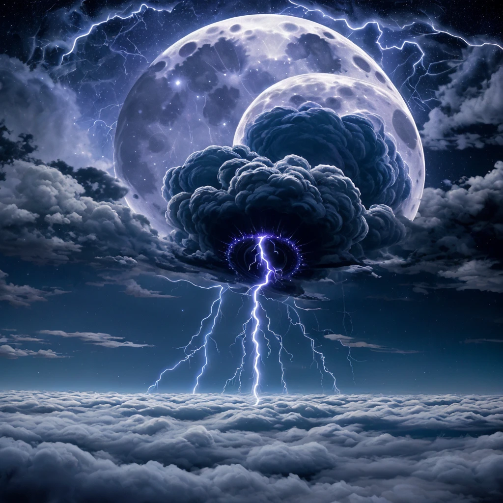 (best quality, HDR, ultra-detailed, realistic:1.37), scary witches flying on broomsticks, tense race through a cloud and thunderstorm filled night sky, swirling ring of magic marks the end, lightning outlines the course, full moon