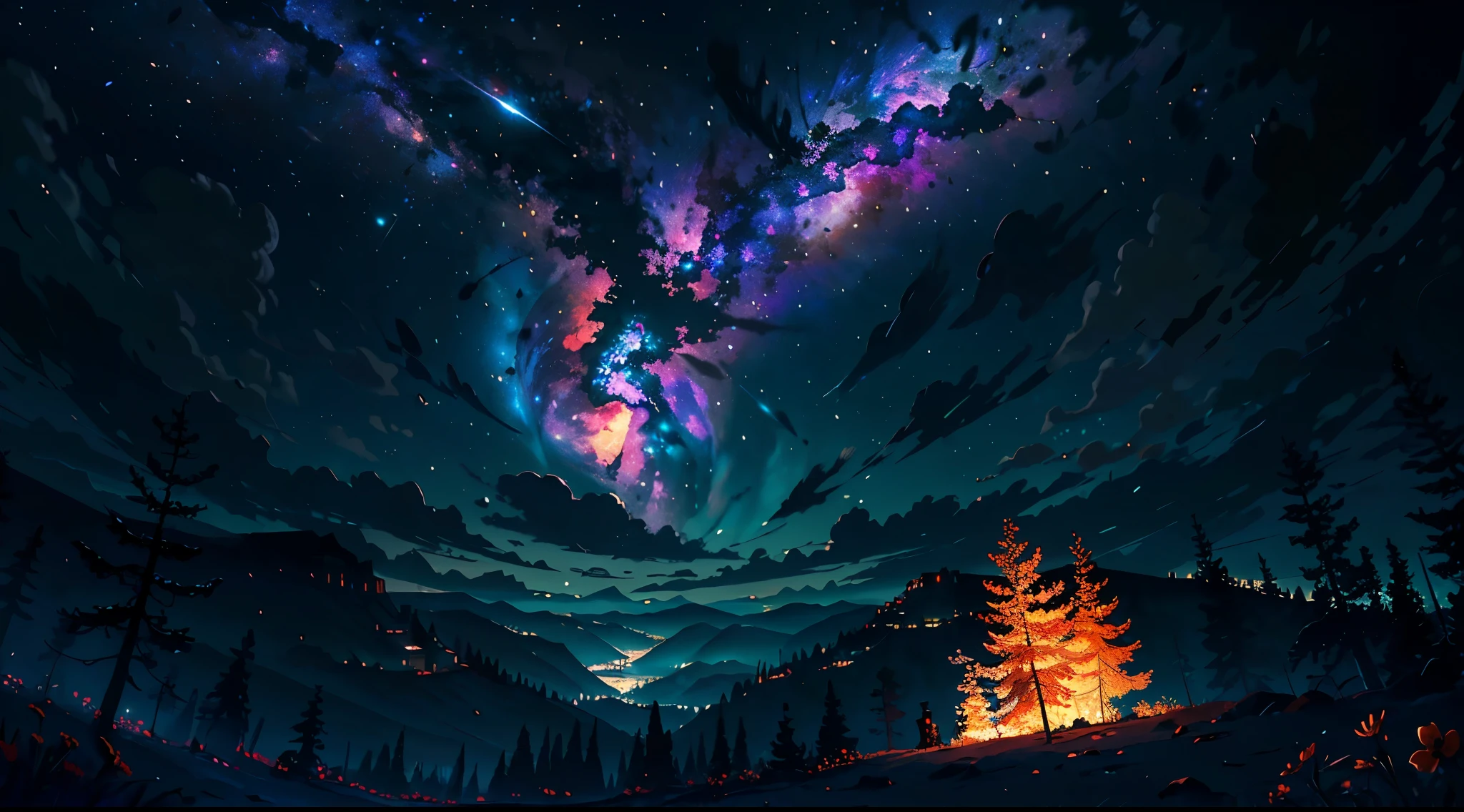 vast landscape photography, (View from below with a view of the sky and the wilderness below), standing in a flower field and looking up, (full moon: 1.2), (shooting star: 0.9), (nebula: 1.3), distant mountain, Tree BREAK production art, (warm light source: 1.2), (fire Fly: 1.2), lamp, purple and orange, intricate details, Volume lighting BREAK (masterpiece: 1.2), (highest quality ), 4K, super detailed, (moving composition: 1.4), Highly detailed and colorful details (iridescent: 1.2), (twinkling lights, atmosphere lighting), dream-like, Magic, (alone: 1.2)
