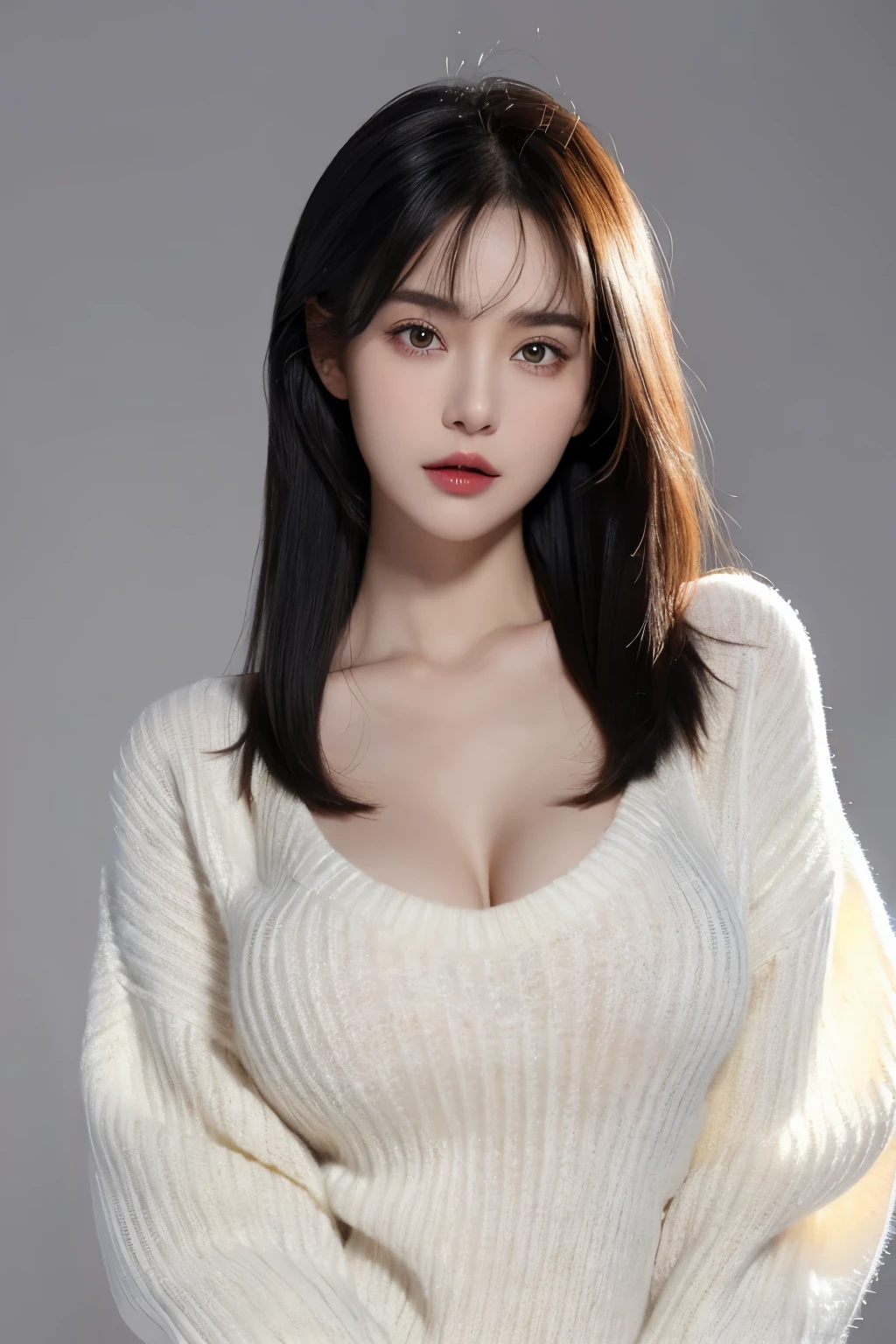(lifelike,high resolution:1.3), A slim girl, The face shape and eyes are super delicate,black hair,red glossy lips,(beautiful face), (best quality), (Super detailed), (Extremely detailed CG unified 8k wallpaper),((Sexy sweater)),(White background),(cleavage),(Model photo),sexy look,big eyes,(standing),(air bangs),(Slim waistline),Eyes look at the audience,Teardrop-shaped breasts,soft breasts,very realistic breasts,The character is centered,black hair
