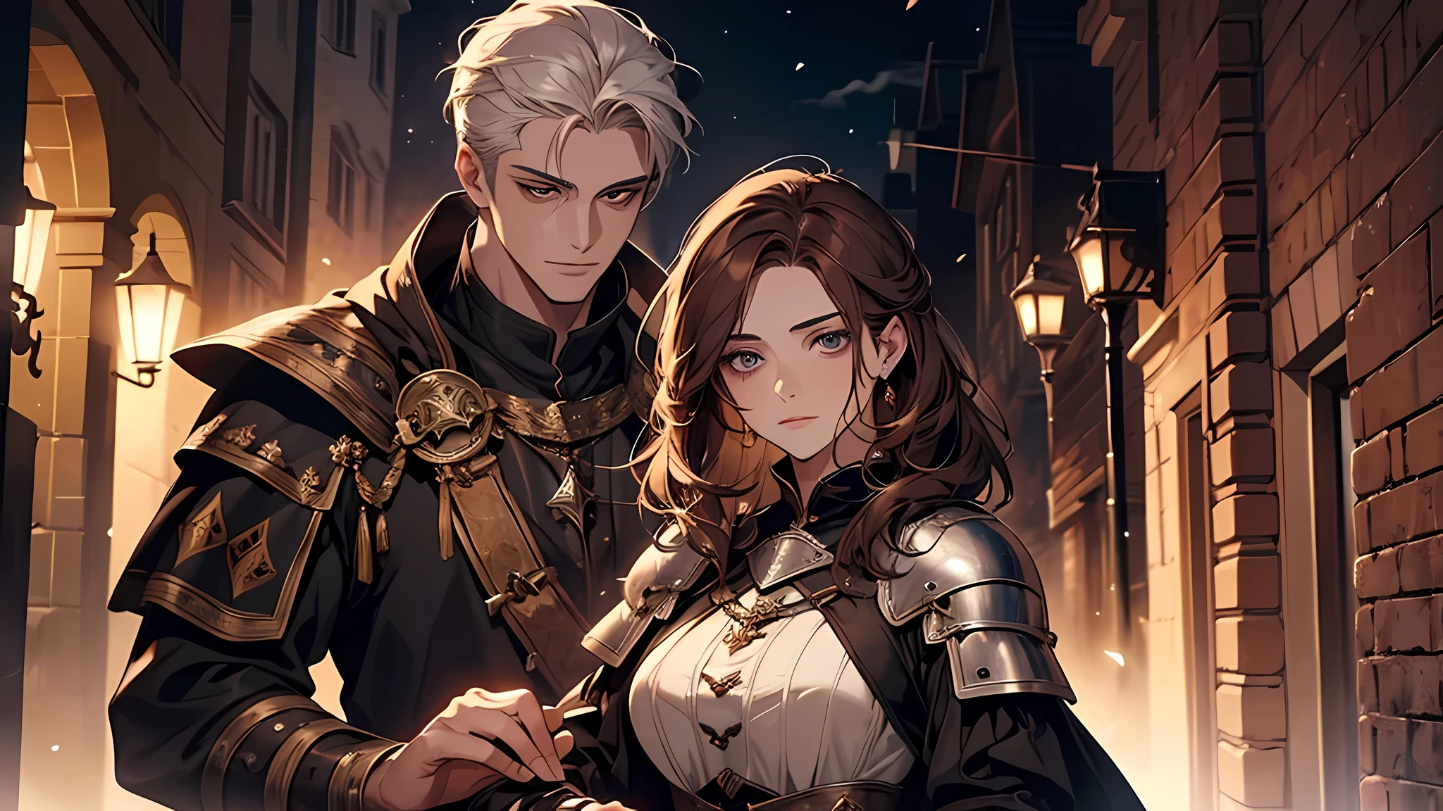 1 handsome man, 1 beautiful girl, man in short white hair, girl in brown hair, medieval times, knight, confused face, face detailed, plump lips, no expression, calm face, detailed eyes, detailed nose, night time, dark alley, girl using magic, magic ball in hand, smoke everywhere