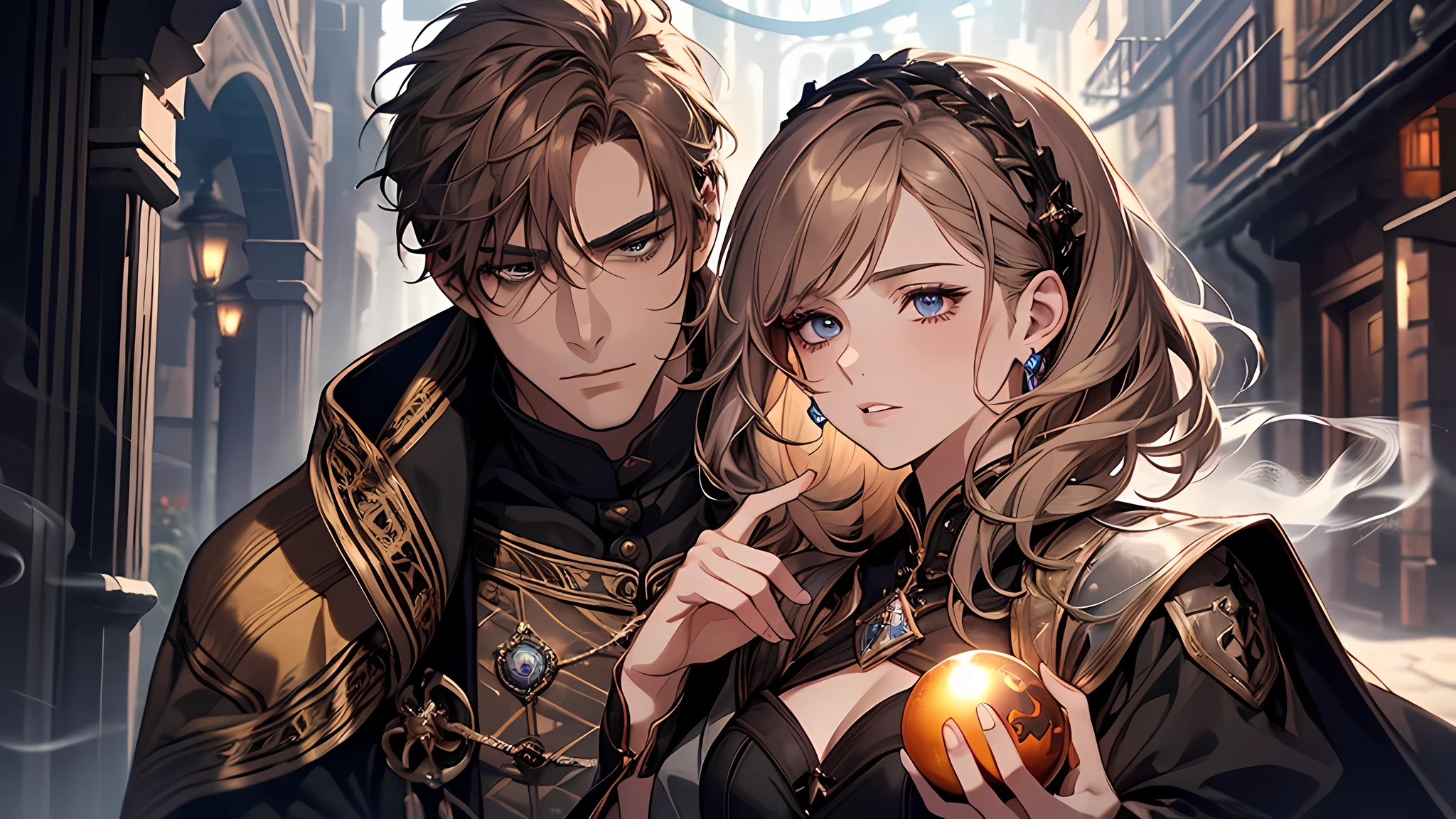 1 handsome man, 1 beautiful girl, man in short white hair, girl in brown hair, medieval times, knight, confused face, face detailed, plump lips, no expression, calm face, detailed eyes, detailed nose, night time, dark alley, girl using magic, magic ball in hand, smoke everywhere