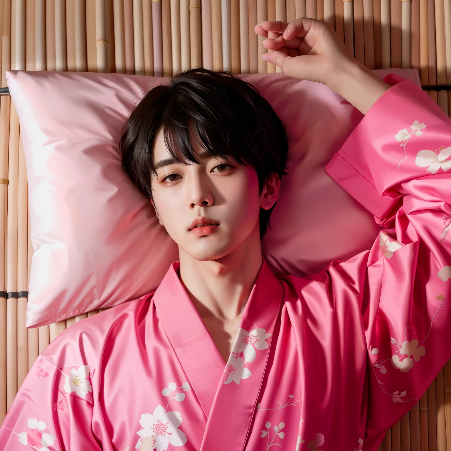 Araffe Asian man in pink bathrobe lying on a bamboo mat, Jungkook, Jimin, taejune kim, high resolution, foto de retrato, BTS, hyung tae, cai xukun, high resolution, high resolution, chave ainda, Kim Doyoung, park Jimin, foto oficial, closeup foto de retrato, de arte, Yoongi de cabelo preto, artista coreano, 3h
